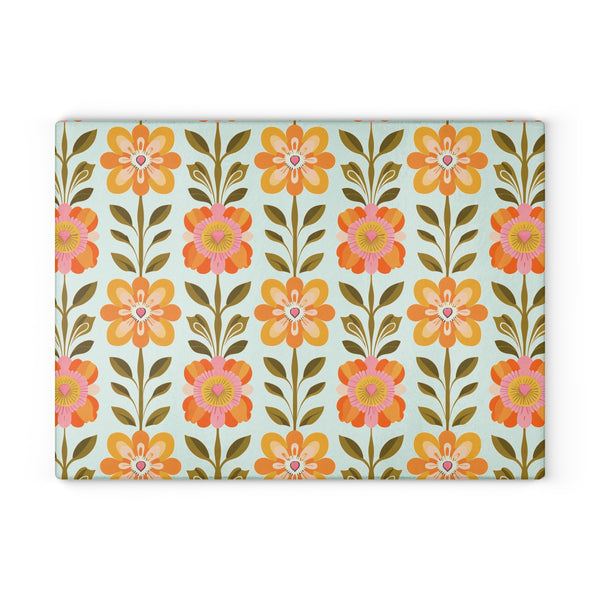 Mid Century Modern Scandinavian Orange Yellow Green Mid Mod Floral Glass Cutting Board - Colorful Kitchen Decor