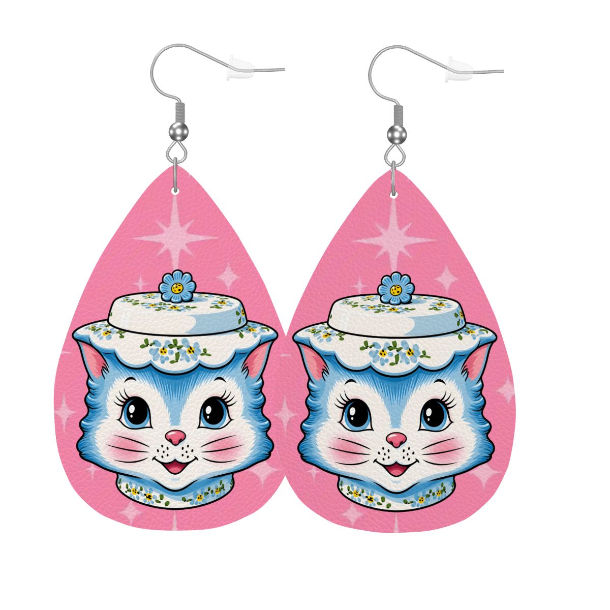 Mid Century Modern Kitschy Anthropomorphic Blue Cat with Floral Hat Vegan Leather Teardrop Earrings