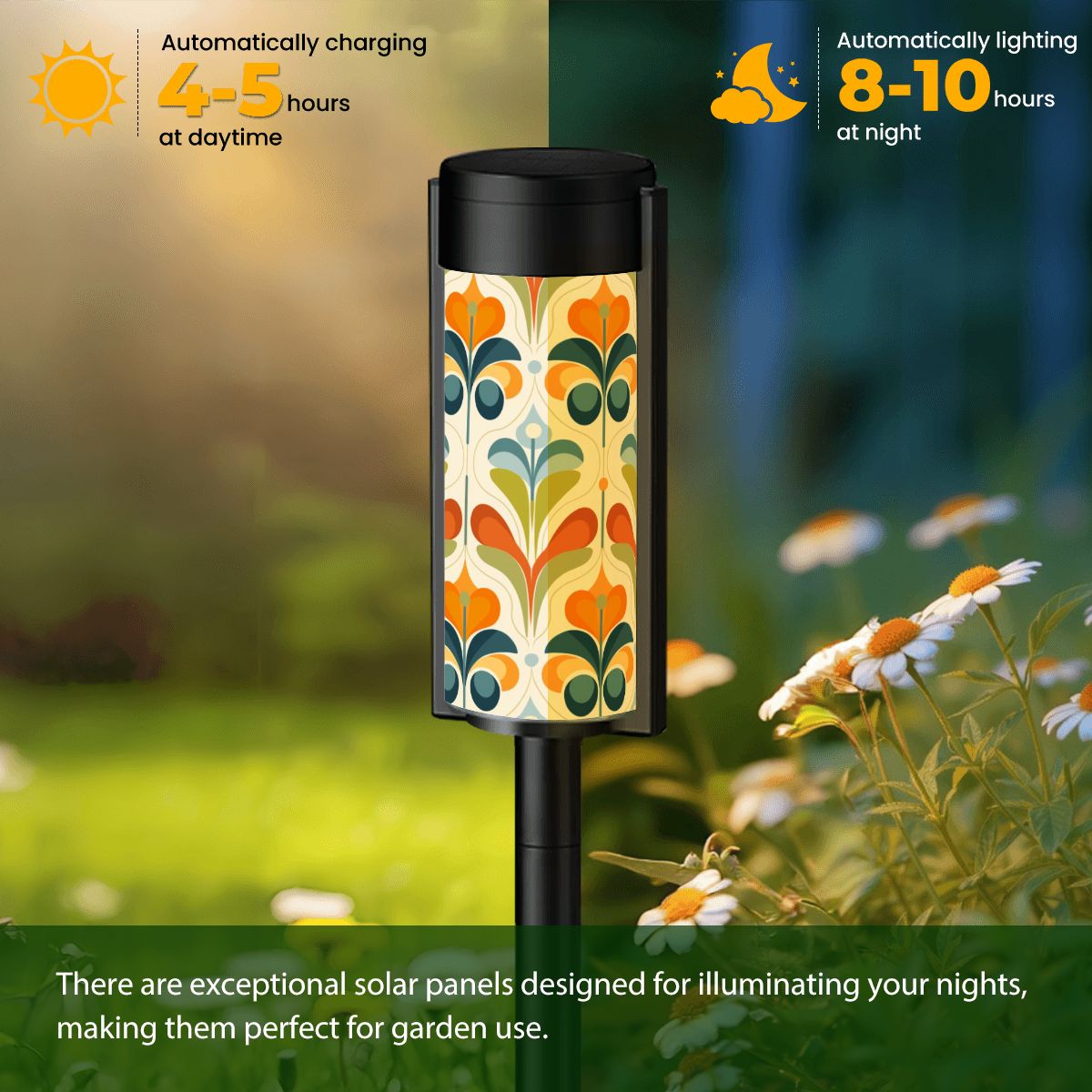 Mid Century Modern Scandinavian Floral Green, Orange Blue Retro Mod Outdoor Solar Lights - Mid Century Modern Gal