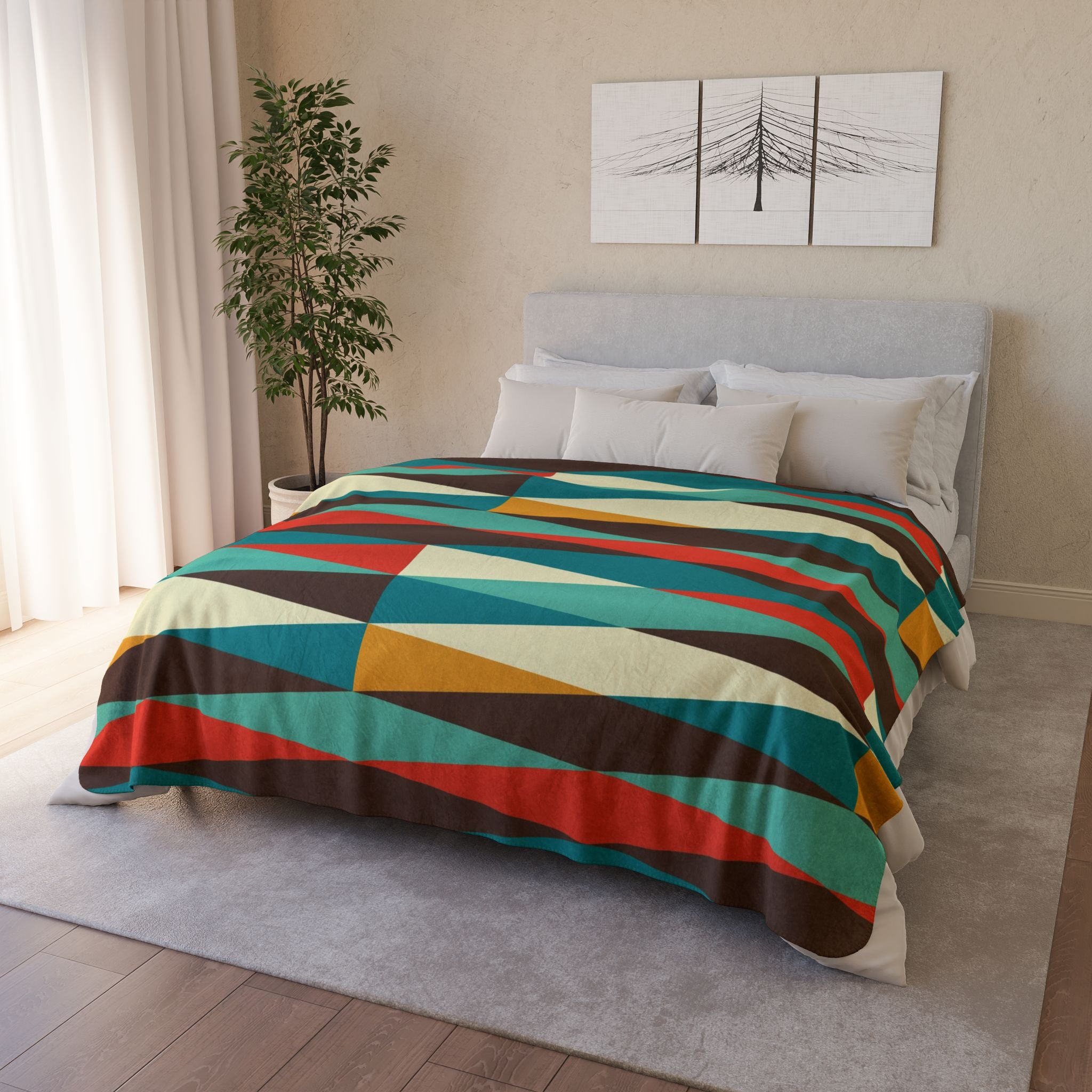 Mid Century Modern, Geometric, Retro, Mod, Teal Blue, Mustard Yellow, Chocolate Brown, Burnt Orange, Sherpa Blanket - Mid Century Modern Gal