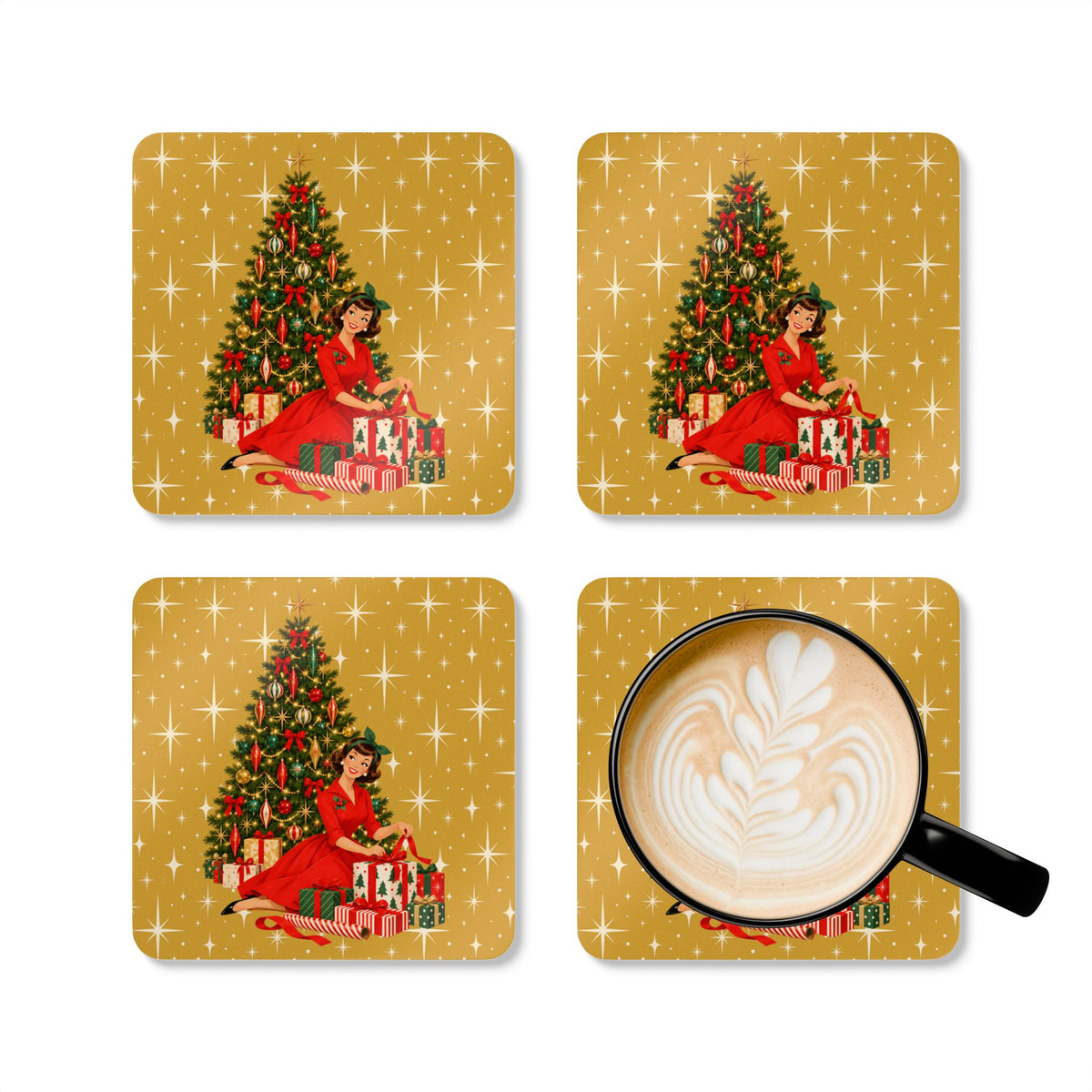 Mid Century Modern Christmas Glamour Gal Wrapping Presents by Tree, Gold Atomic Starbursts Corkwood Coaster Set