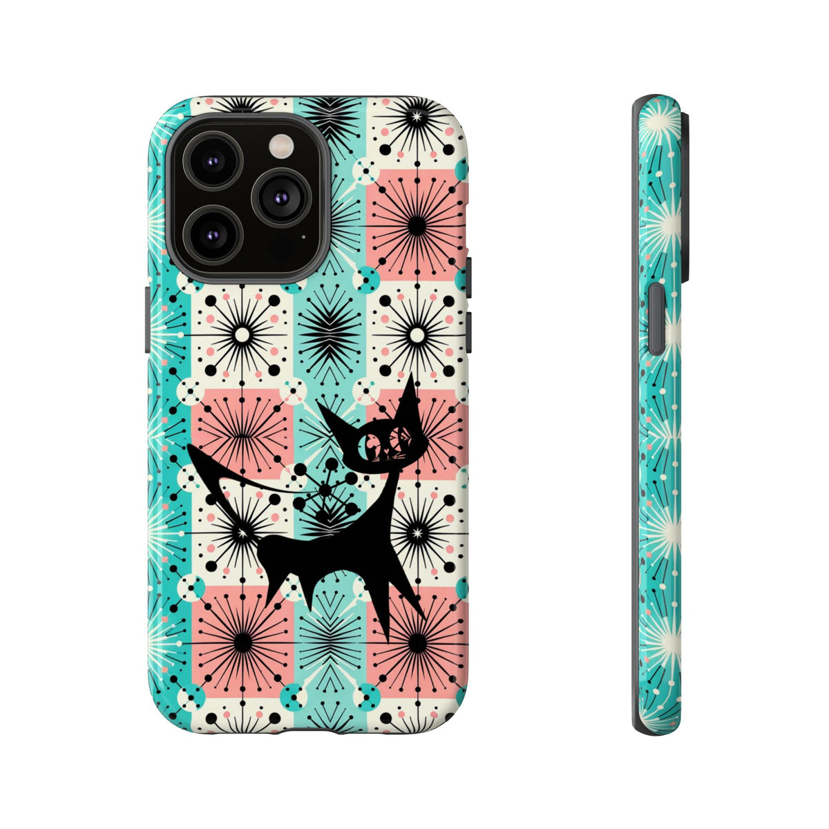 Atomic Kitschy Cat, Mid Century Modern Pink, Aqua Starbursts Tough Phone Case