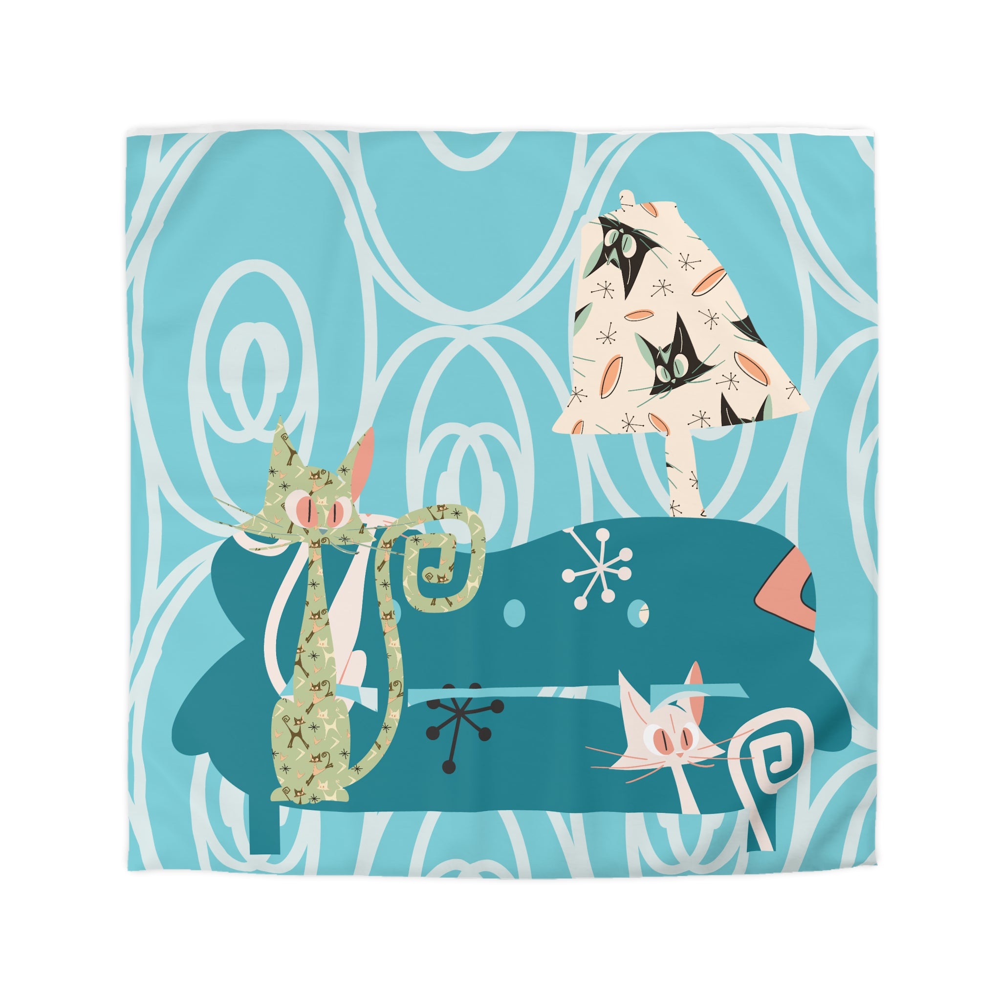 Atomic Cat Bedding, Mid Century Modern Style, Quirky, Whimsical Blue, Coral, Kitschy 50s Funky Fun MCM Duvet Cover - Mid Century Modern Gal