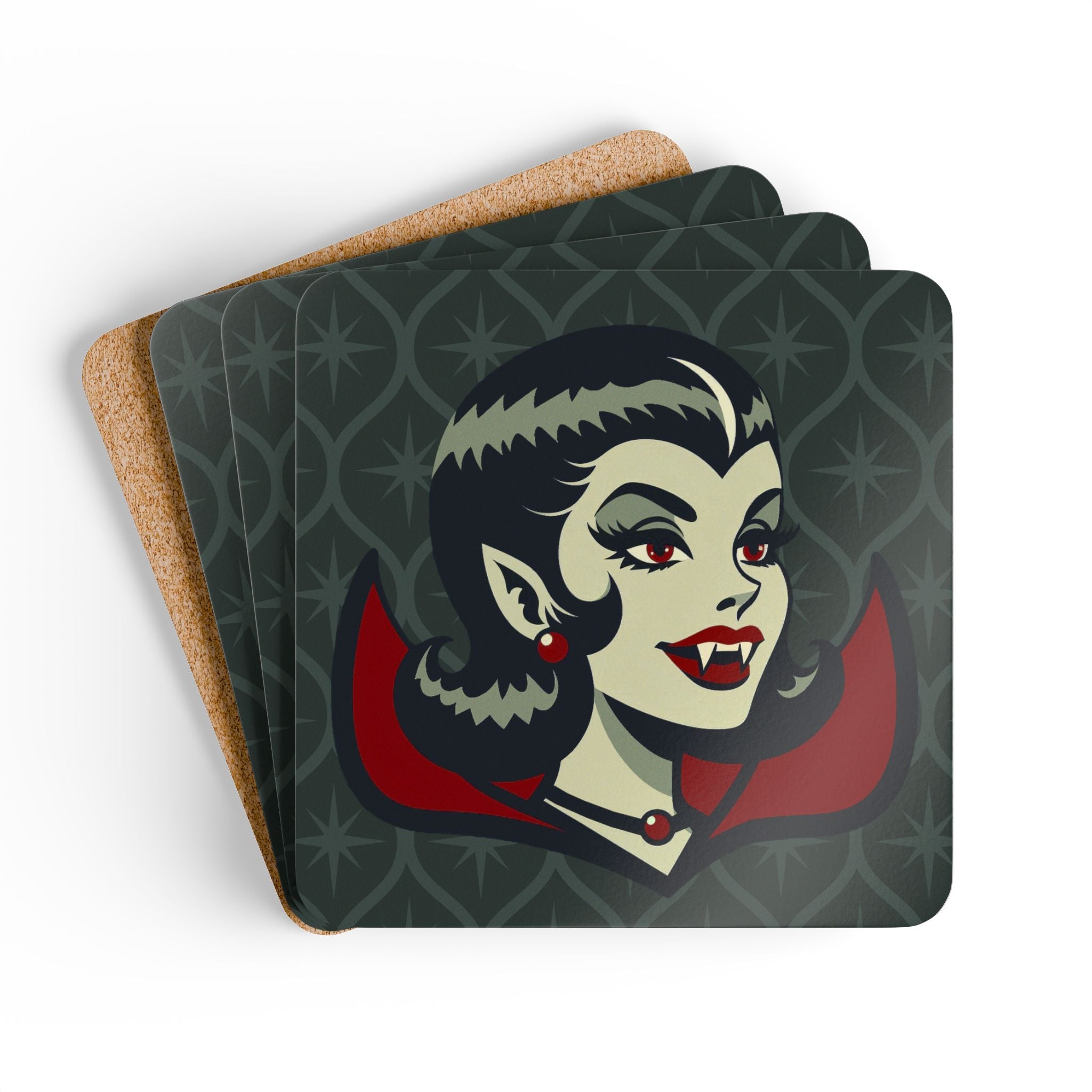 Vampire Dracula Girl Halloween Goth Horror Buff MCM Green Corkwood Coaster Set - Mid Century Modern Gal