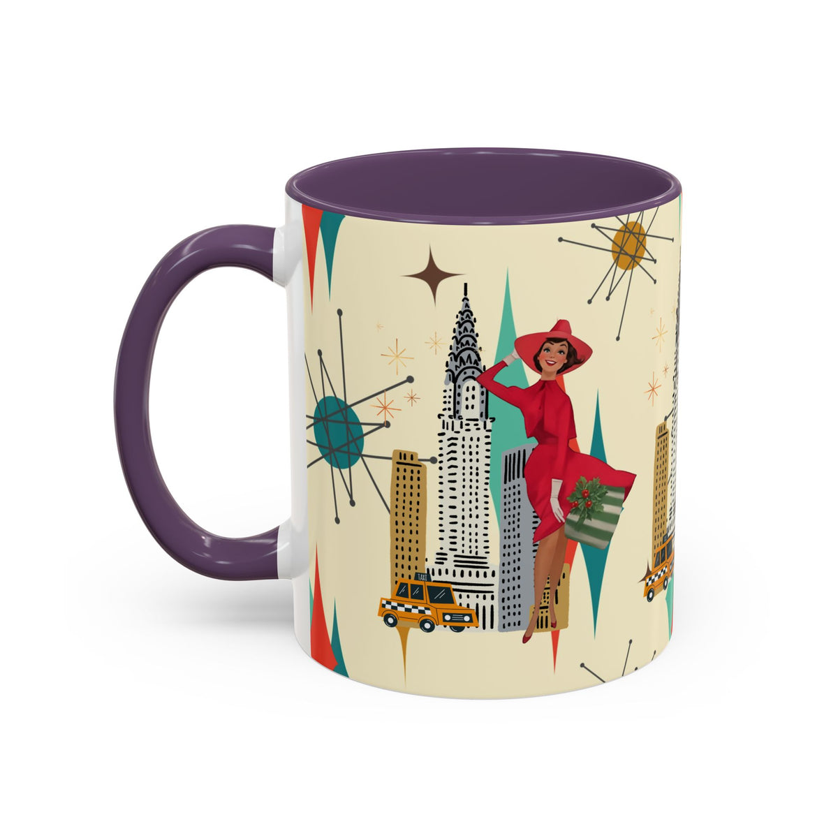 Mid Century Modern coffee mug featuring a kitschy Christmas design with a vintage cityscape and starburst motifs.