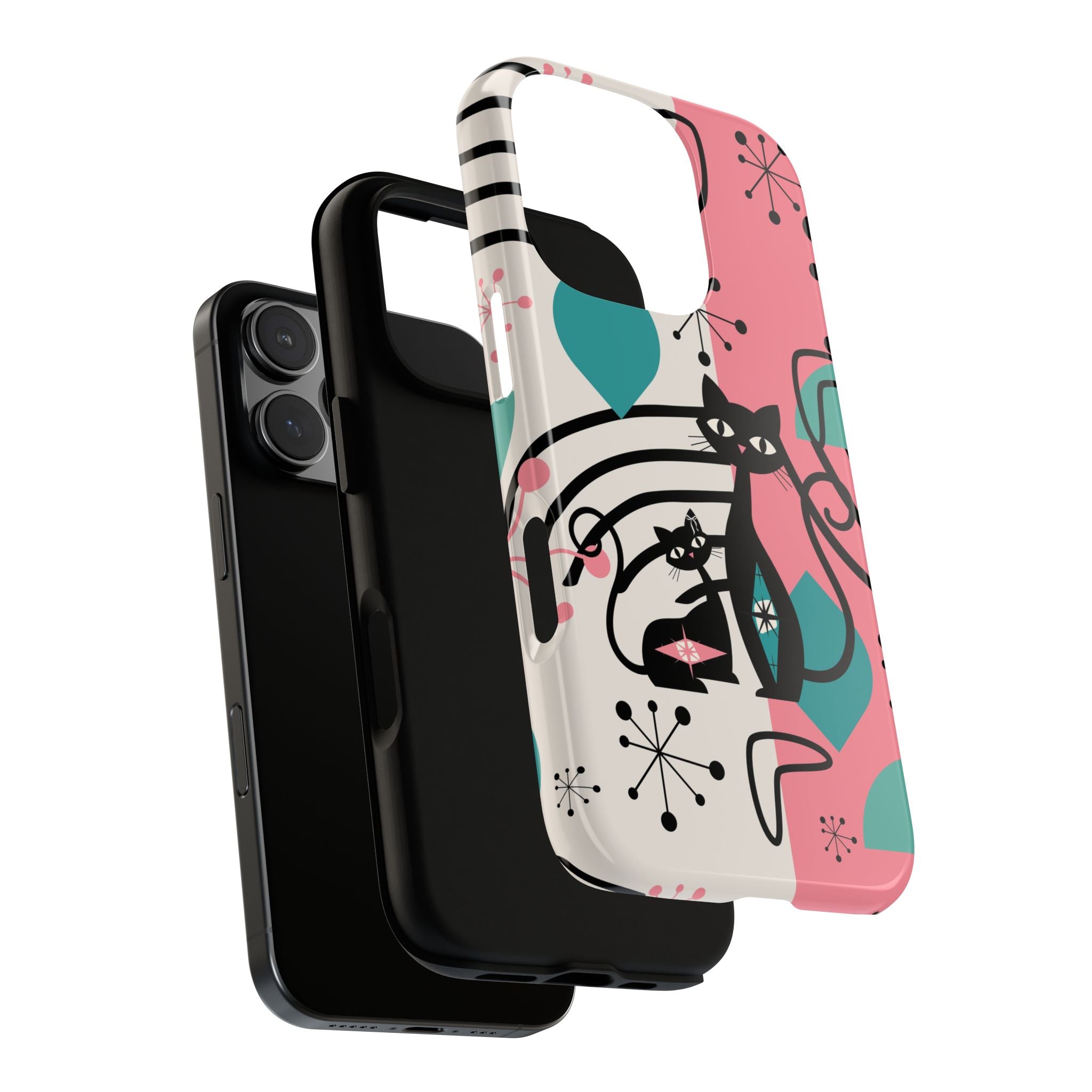 Mid Mod Atomic Cat Boomerang Starburst, Pink, Black Kitschy Stylish Cat Phone Case: Modern Design for Cat Lovers