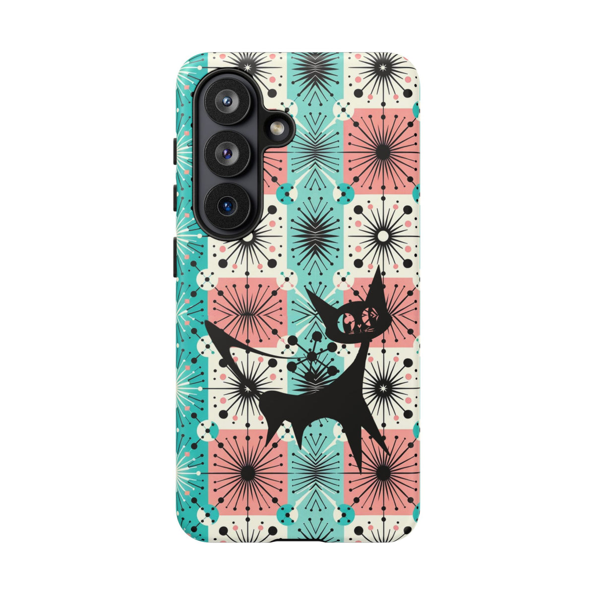 Atomic Kitschy Cat, Mid Century Modern Pink, Aqua Starbursts Tough Phone Case