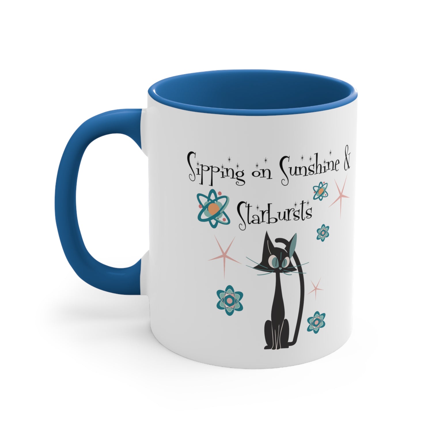 Atomic Cat Coffee Mug, Sipping On Sunshine, Mid Century Modern Style, Atoms, Starbursts Gifts For Couples, Mom, Mid Mod Friend - Mid Century Modern Gal