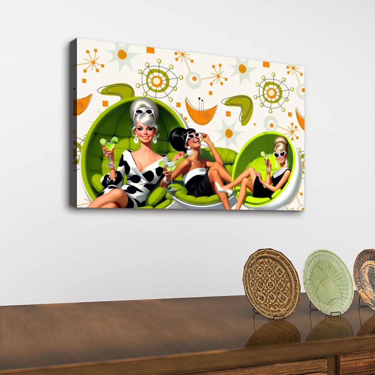Mid Mod 60s Martini Cocktail Gals, Fun Atomic Mid Century Modern Wall Art - Mid Century Modern Gal