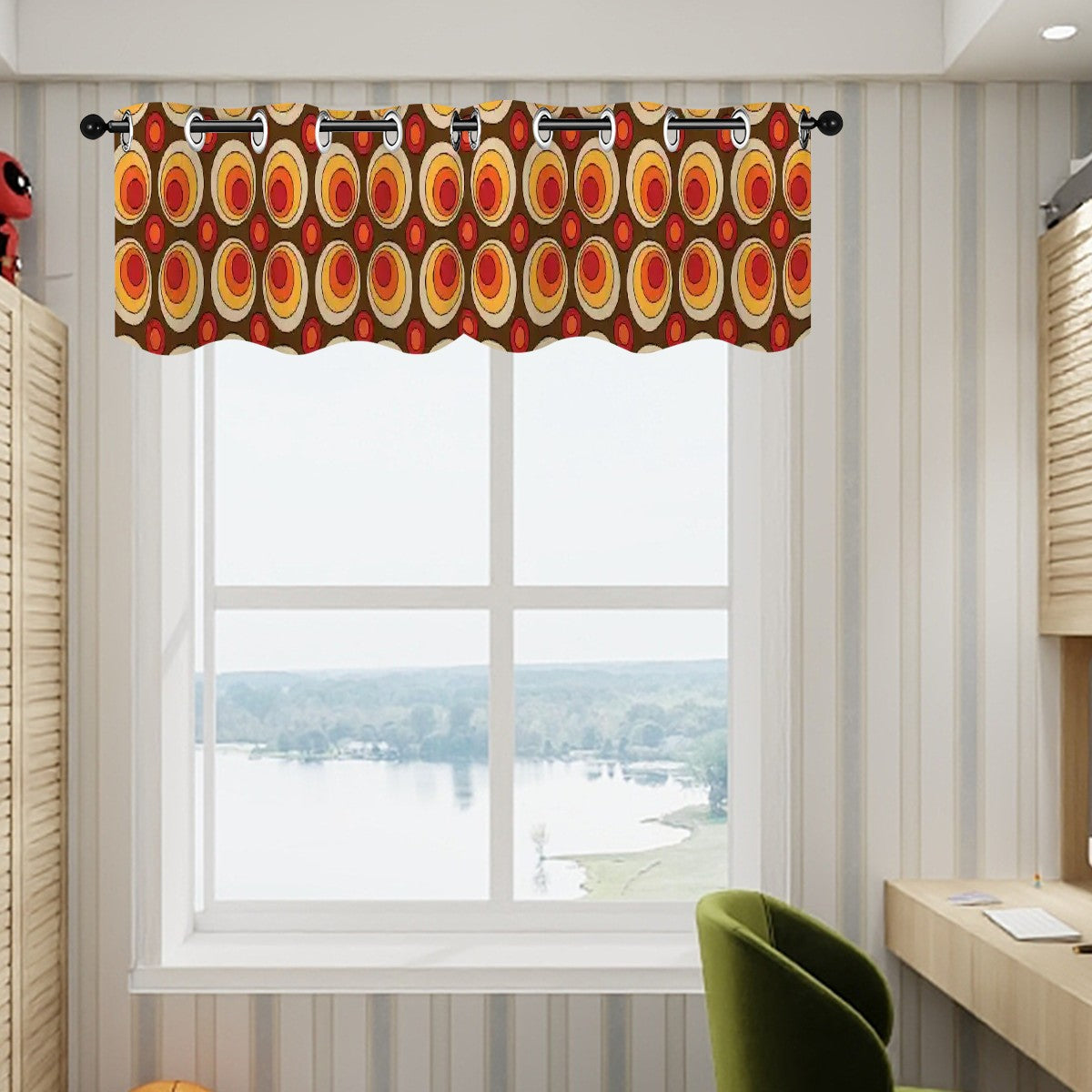 Retro Mod 70s Groovy Space Orbs Orange, Brown Curtain Valances - Mid Century Modern Gal