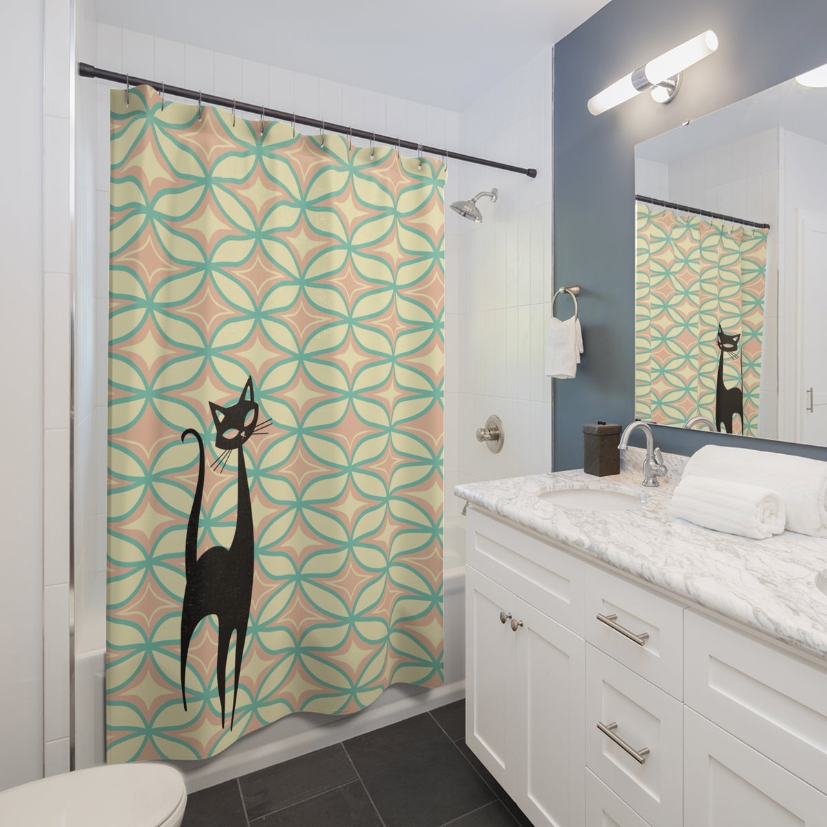 Atomic Whimsical Cat Mid Century Modern Pattern Shower Curtain - Fun and Stylish Bathroom Decor - Mid Century Modern Gal