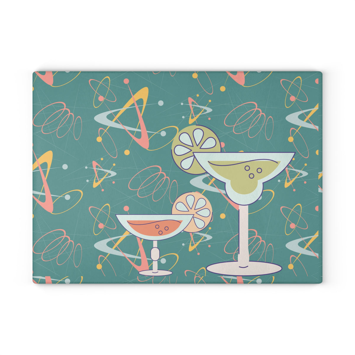 50's Kitchen, Atomic Cocktails, Boomerang, Pink, Yellow, Ice Blue, Teal, Abstract Mid Century Modern Housewarming Gift, Glass Cutting Board - Mid Century Modern Gal