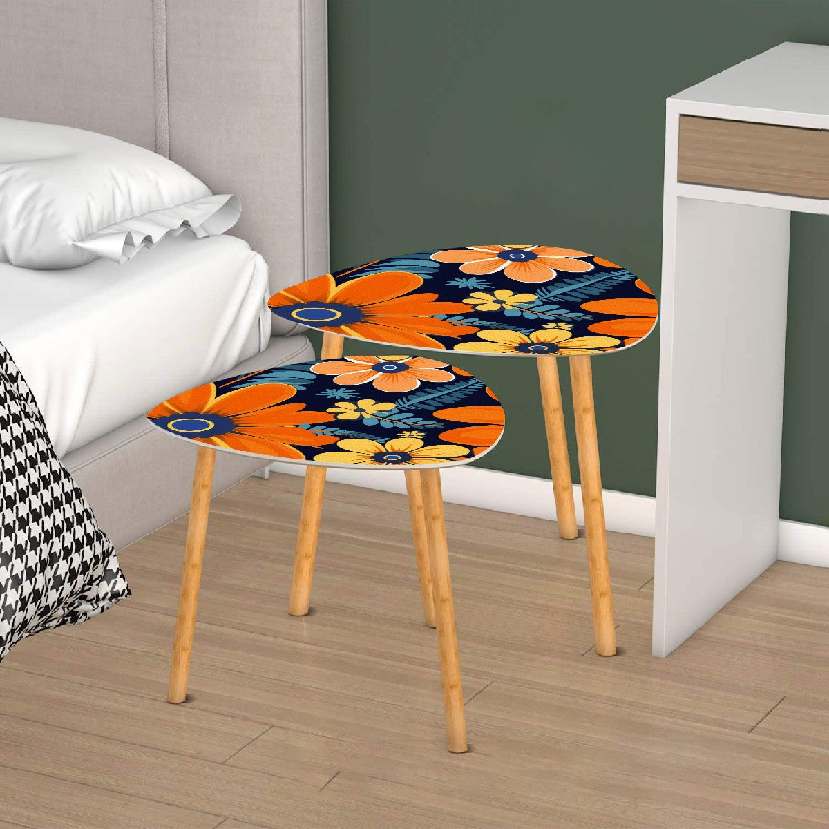 Bohemian Floral Navy Blue, Orange, Retro Nesting Tables - Mid Century Modern Gal