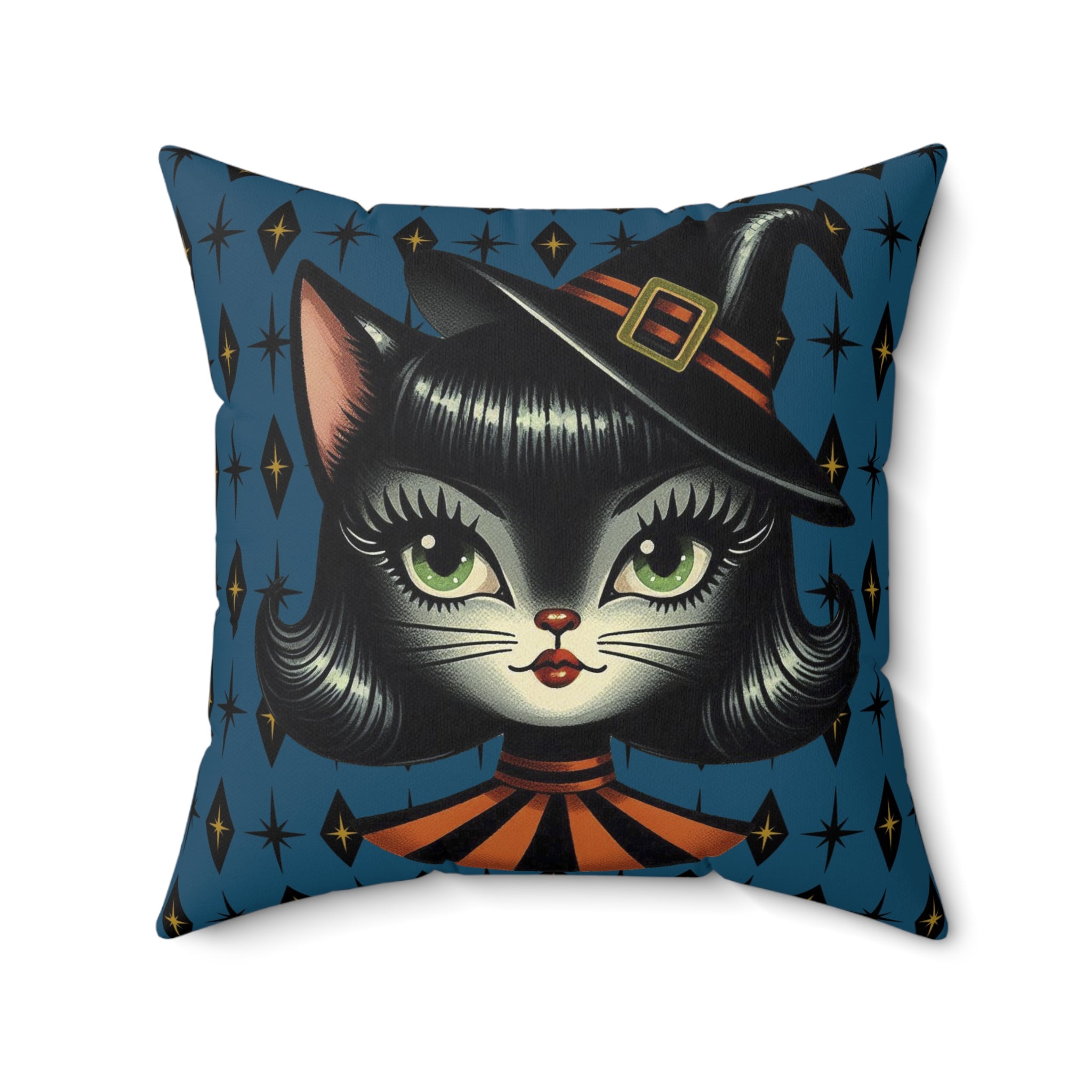 Vintage Halloween Black Cat Sexy Sexton Mid Century Modern Blue Pillow Cover and Insert - Mid Century Modern Gal