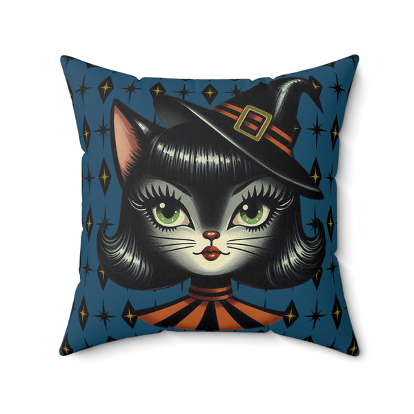 Vintage Halloween Black Cat Sexy Sexton Mid Century Modern Blue Pillow Cover and Insert