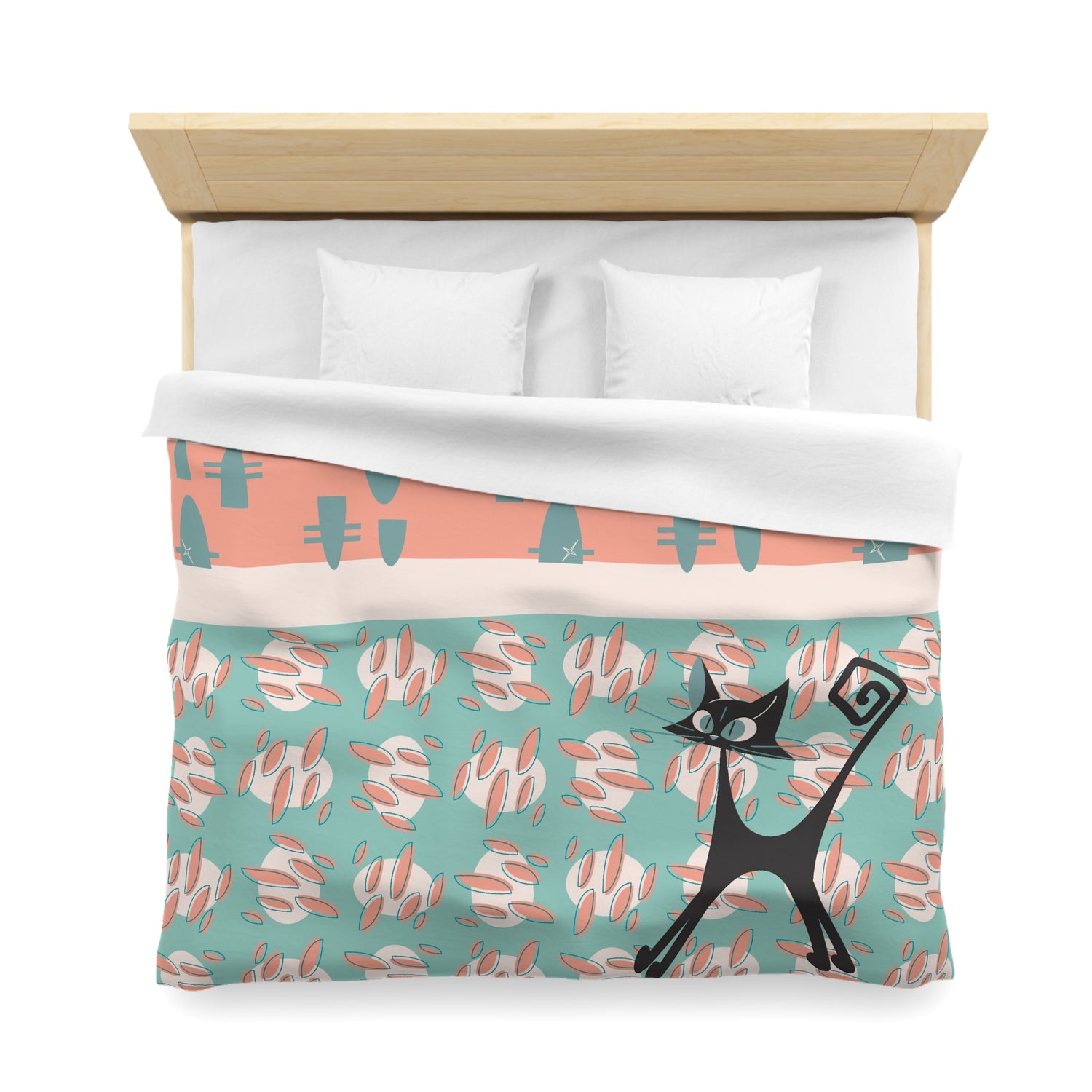 50s Nostalgic Atomic Cat Mid Century Modern Aqua, Coral Pink Peach, Kitschy Mid Century Modern  Duvet Cover - Mid Century Modern Gal