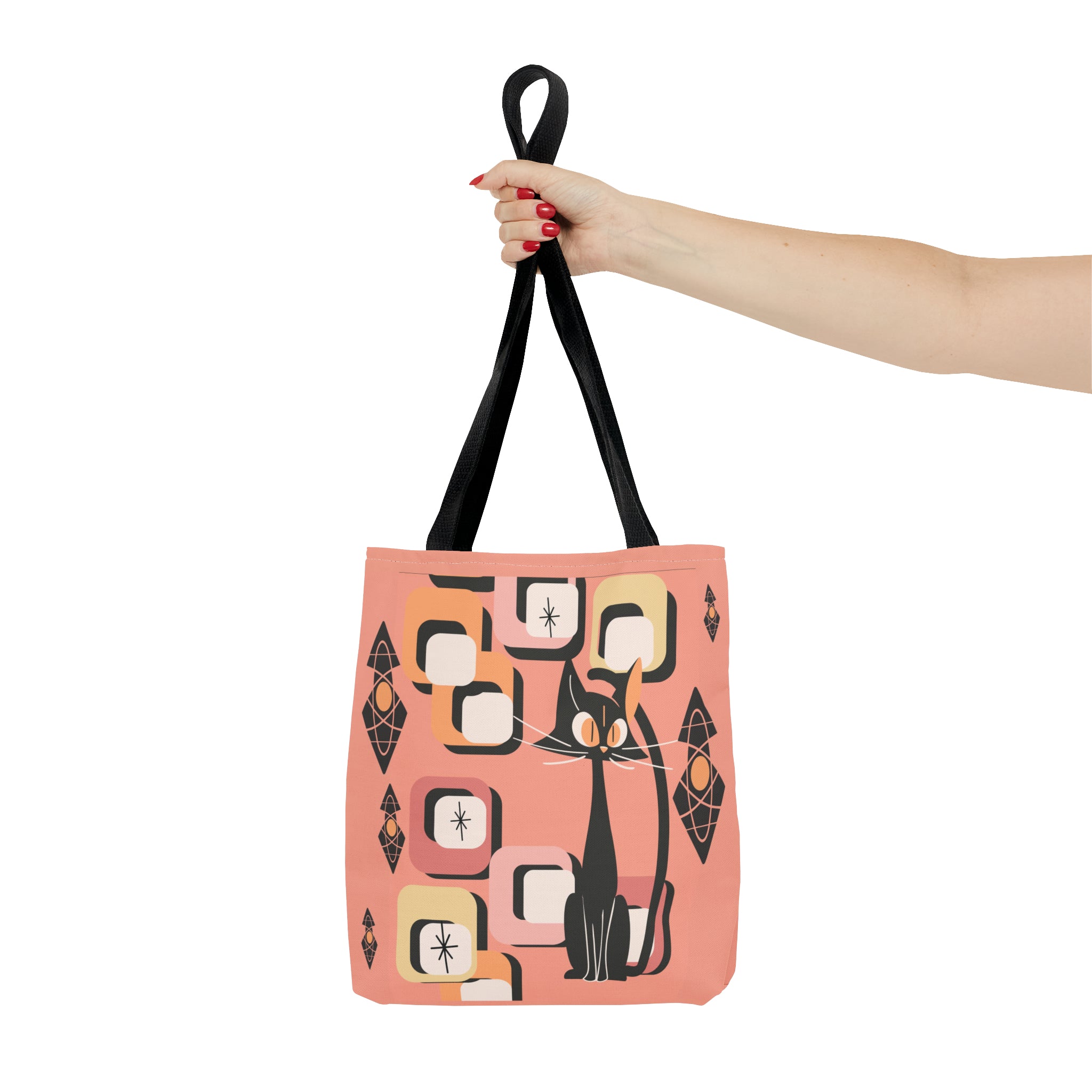 Atomic Cat Tote Bag, Coral Color, Mid Century Modern Geometric Designs, Mid Mod Retro Apparel - Mid Century Modern Gal
