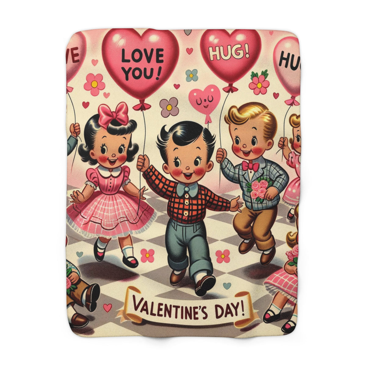 Vintage 50s Valentine's Day Sherpa Fleece Blanket - Love & Hugs Design - Mid Century Modern Gal