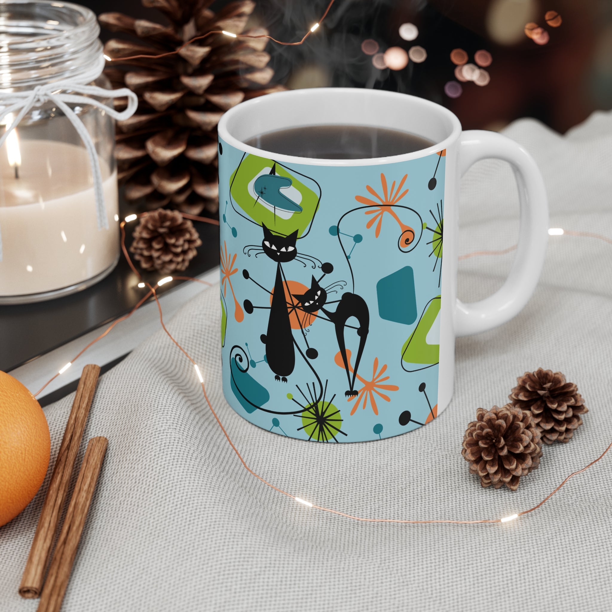 Atomic Cat Coffee Mug, Kitschy 50s Mid Century Modern Coffee, Tea, Blue, Green, Sputnik Starbursts Designs Ceramic Mug 11oz - Mid Century Modern Gal