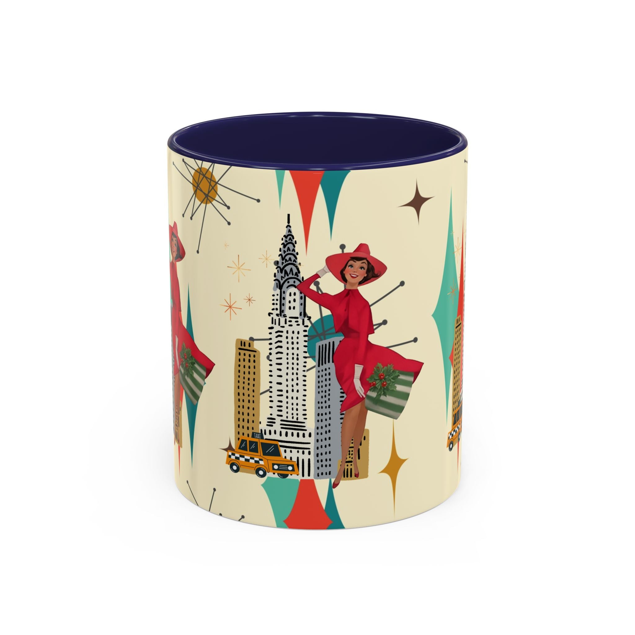 Mid Century Modern Kitschy Christmas Gal, Franciscan Starburst Diamond Retro Chic Accent Coffee Mug - Vintage Cityscape Design - Mid Century Modern Gal