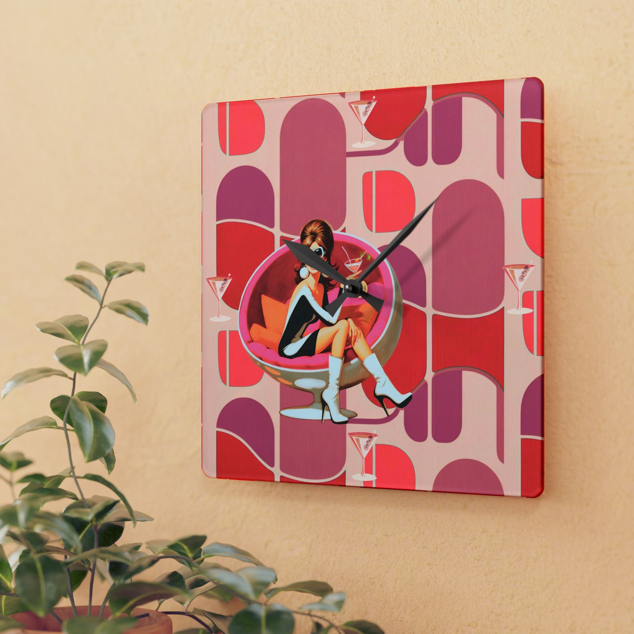 60s Mod Gal Retro Atomic Martini Cocktail Mid Century Modern Wall Clock - Mid Century Modern Gal