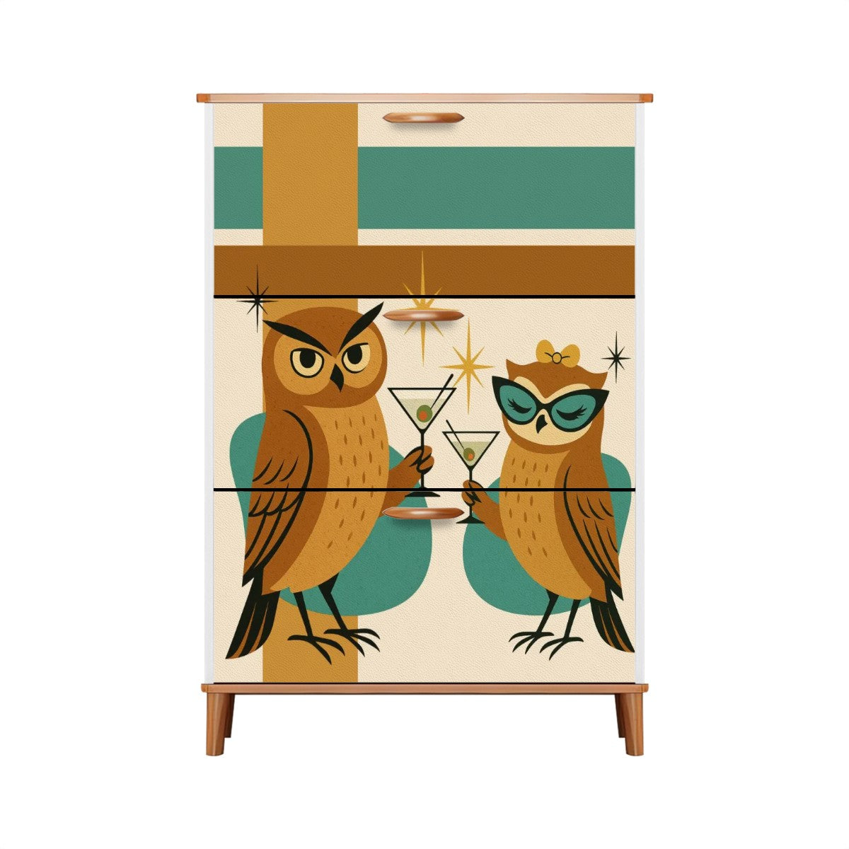 Mid Century Modern 70s Owls Kitschy Martini Time Shoe Cabinet - Mid Century Modern Gal