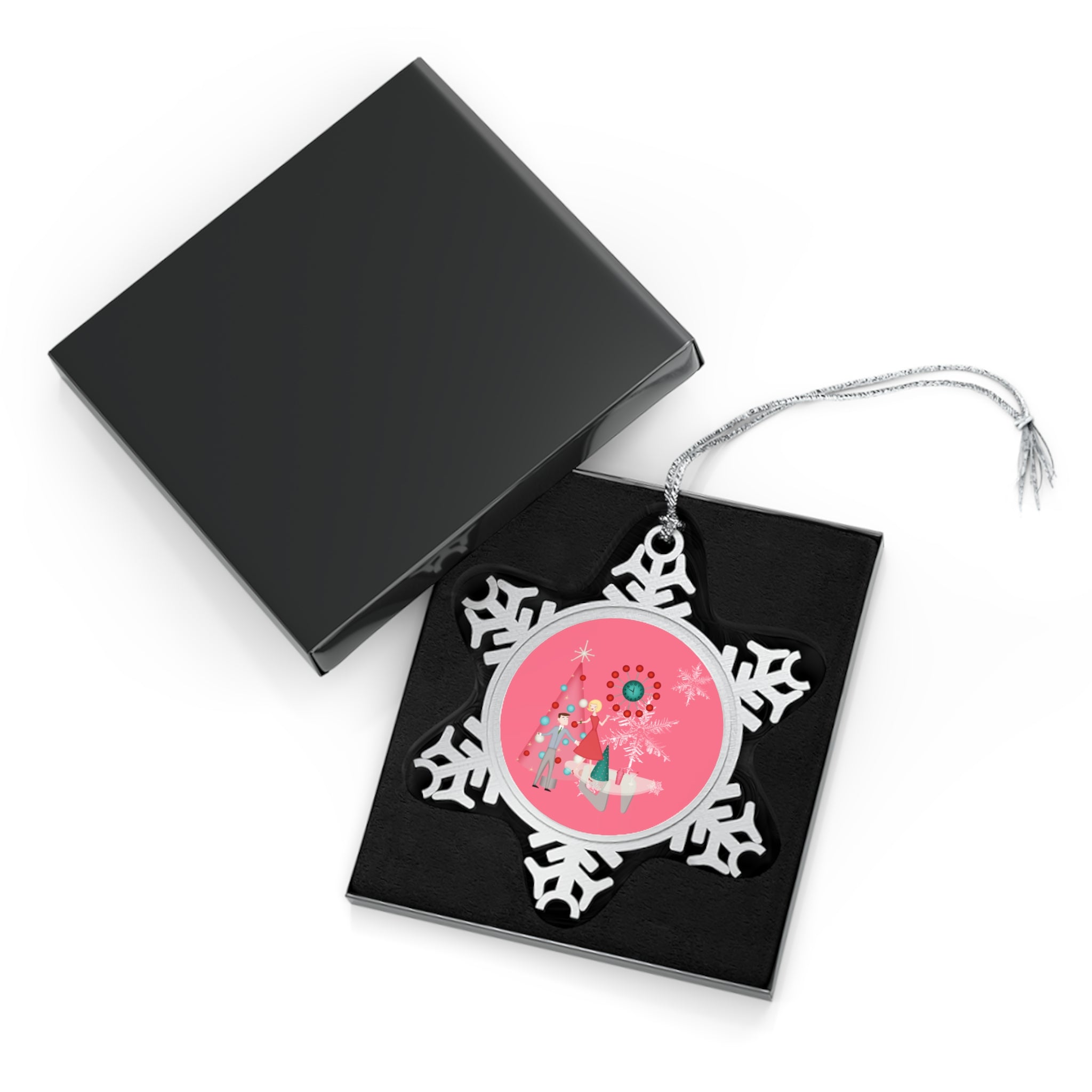Pink Christmas Ornament Adorned With Kitschy Mod Couple, 50s Style Pewter Snowflake Ornament - Mid Century Modern Gal
