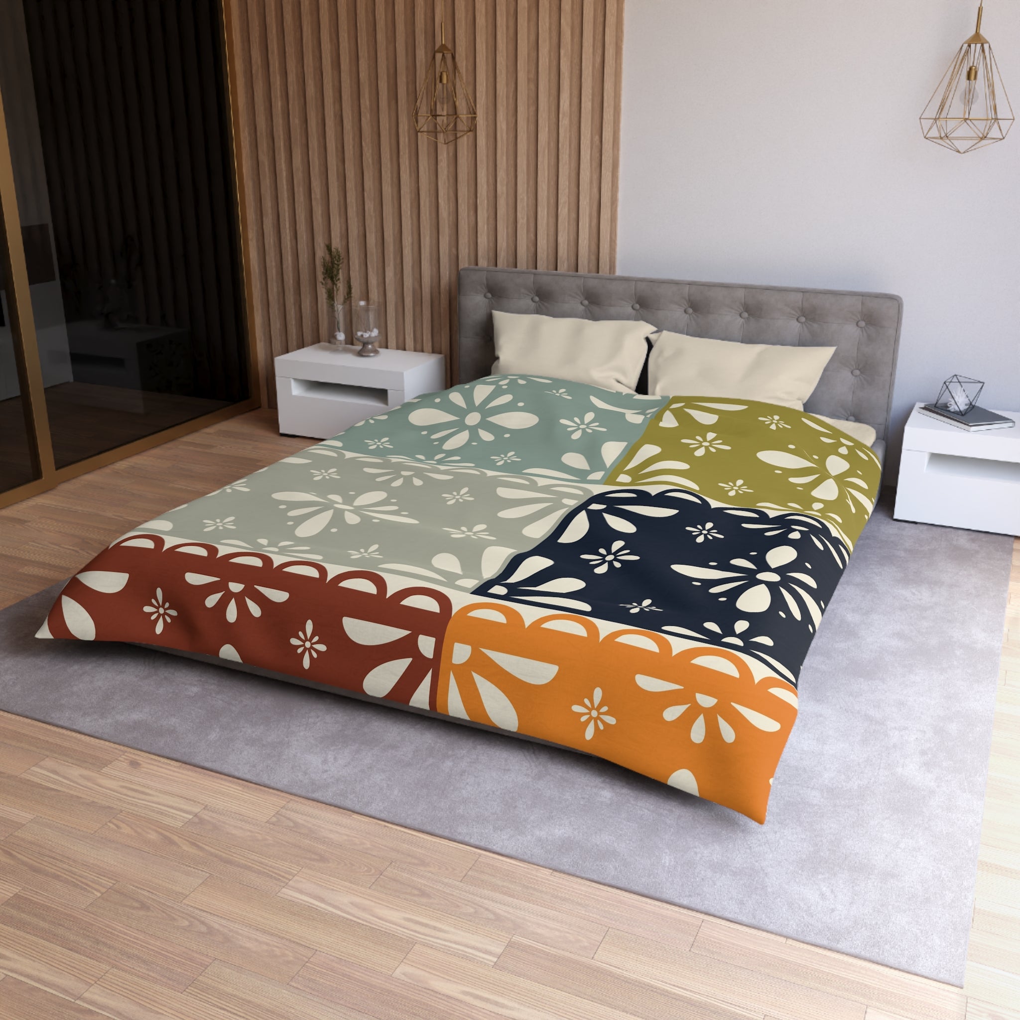 Modern Scandinavian Flower Patchwork, Mid Mod Duvet Cover - Mid Century Modern Gal