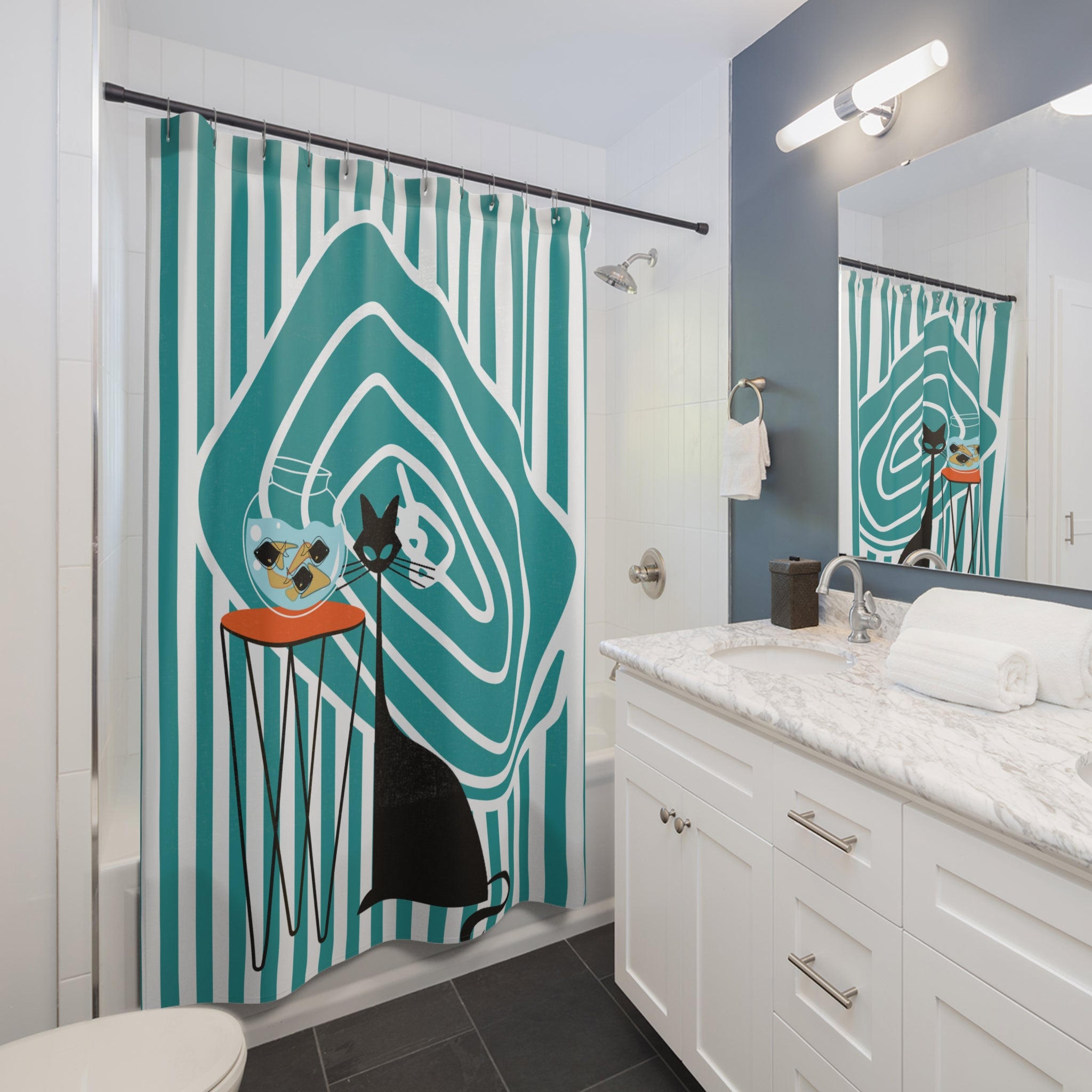 Atomic Cat Mid Century Modern Fish Art Modern Cat Shower Curtain – Vintage Aqua Stripes & Whimsical Design - Mid Century Modern Gal