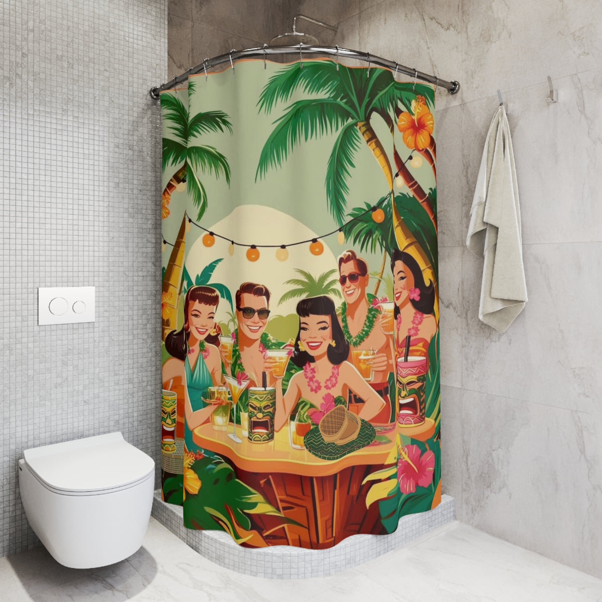 Mid Century Modern Tiki Party, Tropical Retro Shower Curtain - Vintage Beach Party Design - Mid Century Modern Gal