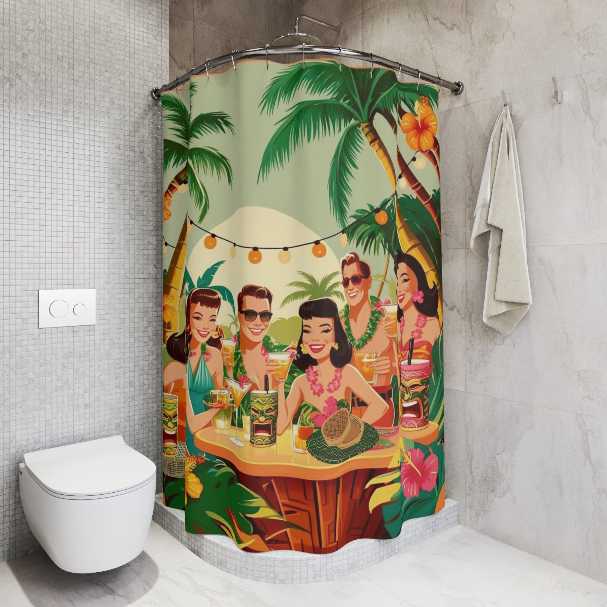 Mid Century Modern Tiki Party, Tropical Retro Shower Curtain - Vintage Beach Party Design - Mid Century Modern Gal