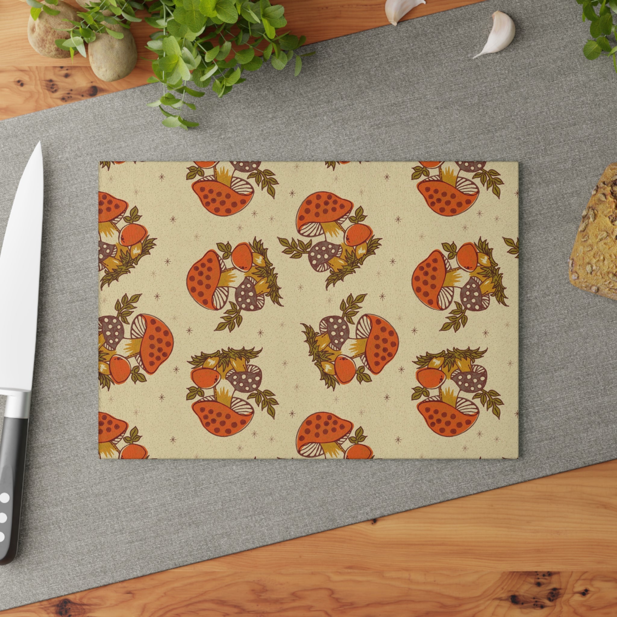 Vintage Merry Mushroom 70s Kitchen Glass Cutting Board - Mid Century Modern Gal