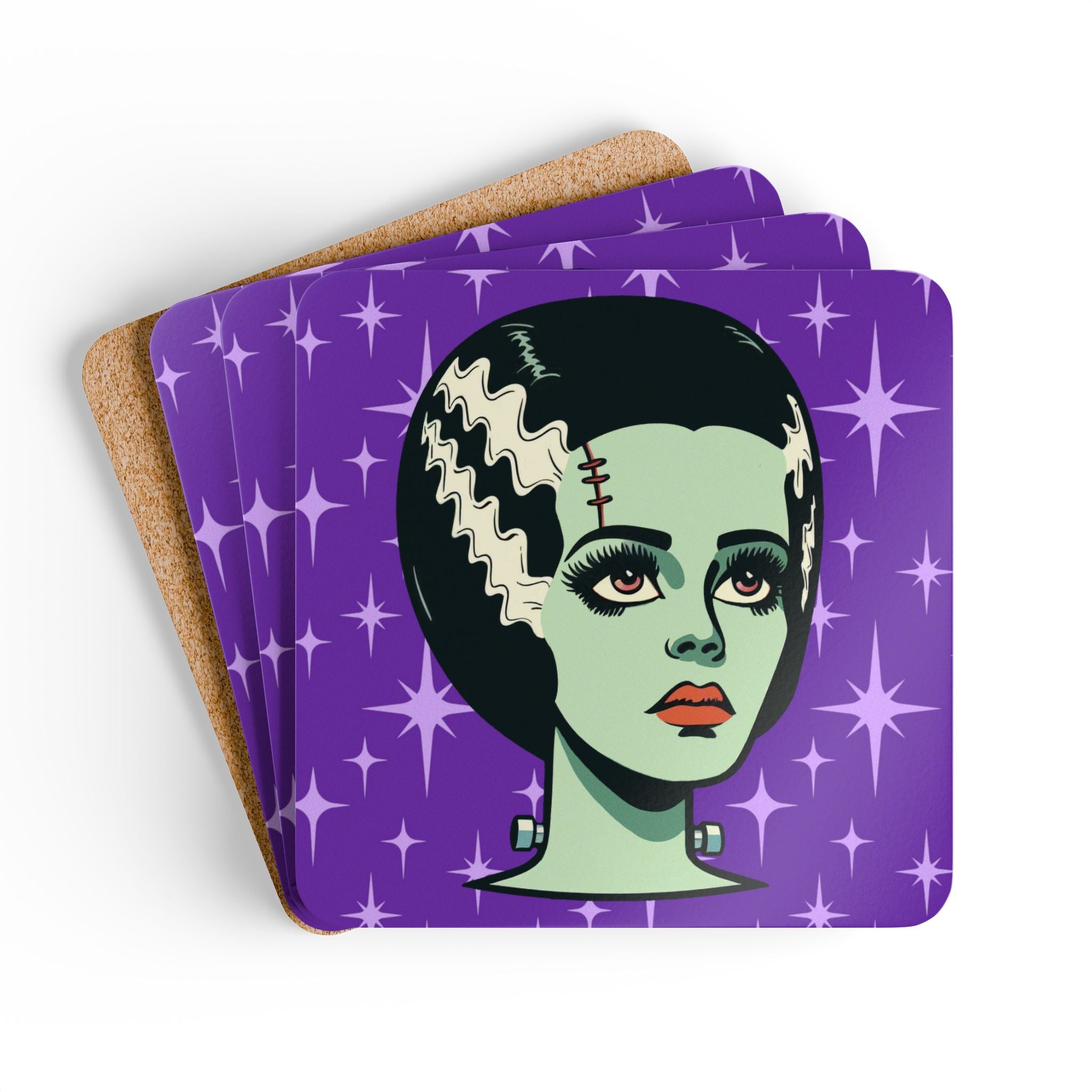 Bride of Frankenstein Retro Mid Mod Horror Buff Purple Halloween Corkwood Coaster Set - Mid Century Modern Gal