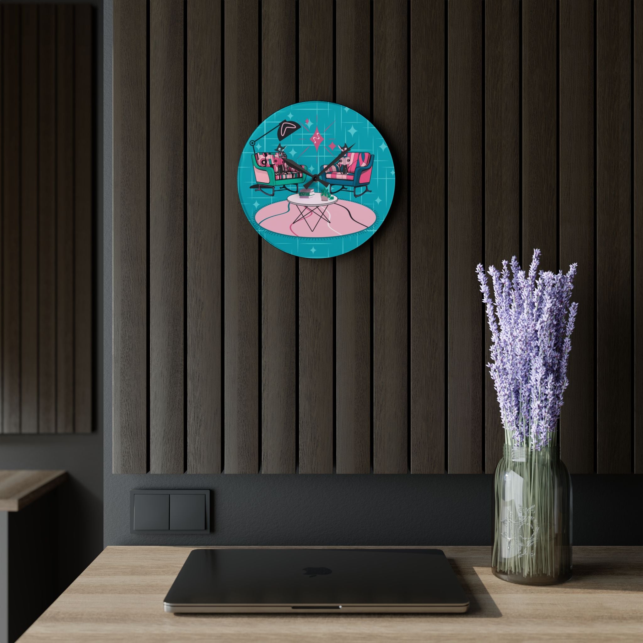 Atomic Reading Cats, Kitschy Mod Quirky Retro Modern Acrylic Wall Clock - Mid Century Modern Gal