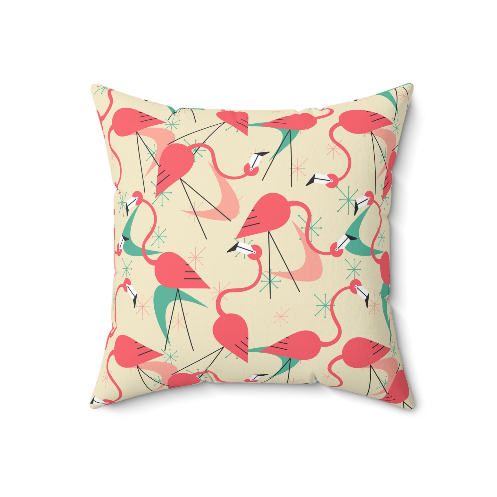 Mid Century Modern Dancing Flamingos, Kitschy Quirk MCM Tropical Flamingo Square Pillow - Stylish Home Decor for Retro Summer Vibes - Mid Century Modern Gal