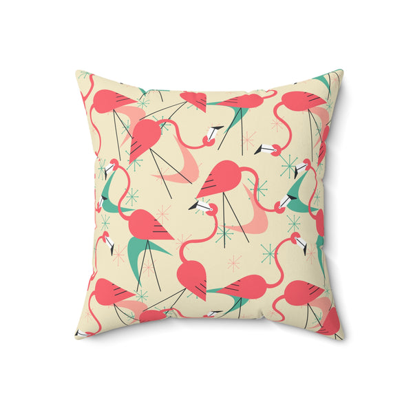 Mid Century Modern Dancing Flamingos, Kitschy Quirk MCM Tropical Flamingo Square Pillow - Stylish Home Decor for Retro Summer Vibes