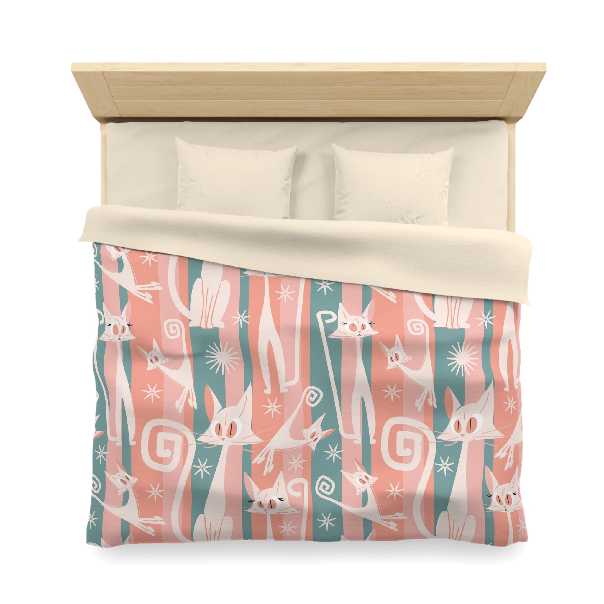 Atomic Cat Bedding, Pink, Aqua Kitschy White Kitties, Mid Century Modern Fun Quirky Duvet - Mid Century Modern Gal