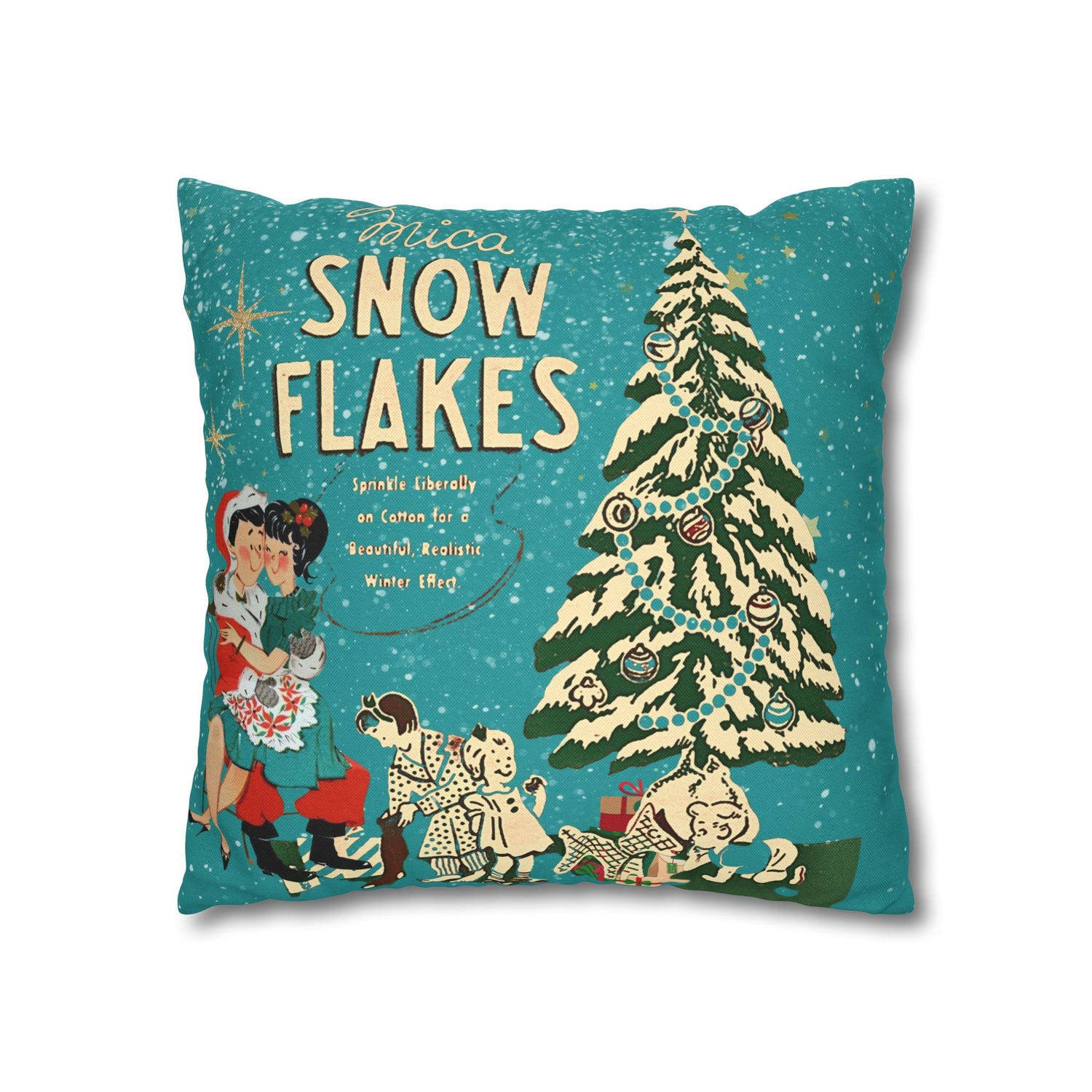 50s Mica Snow Christmas Pillow, Kitschy Mod Couple, Festive Fun Pillow Cover - Mid Century Modern Gal