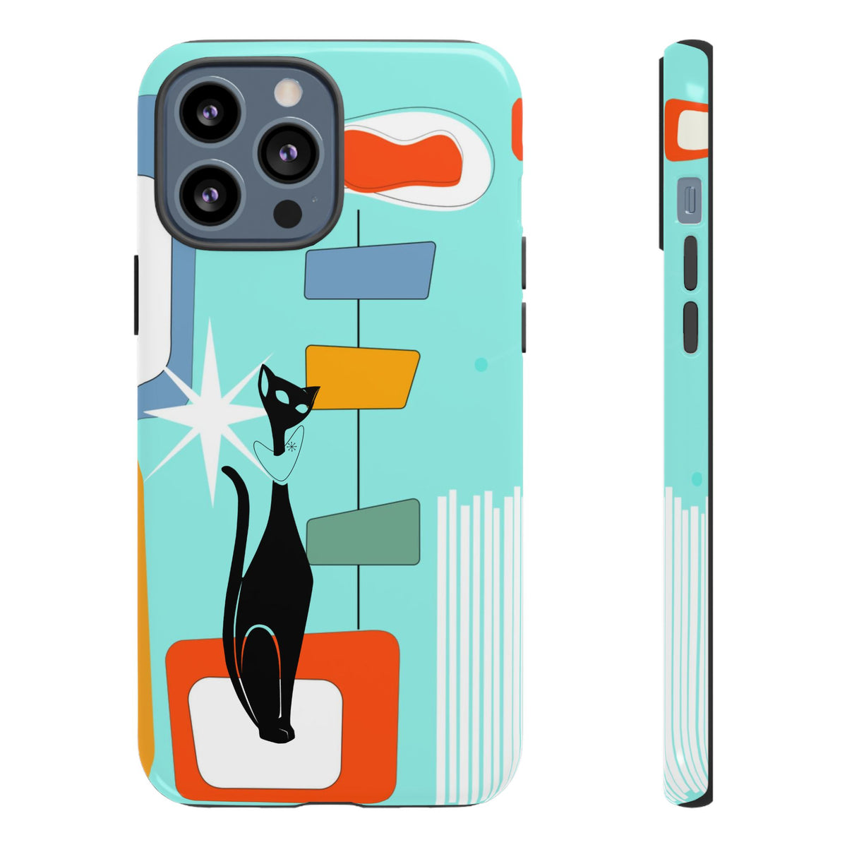 Atomic Cat, Mid Mod Aqua Blue, Geometric, Samsung, Google Pixel, Apple iPhone Tough Cases - Mid Century Modern Gal