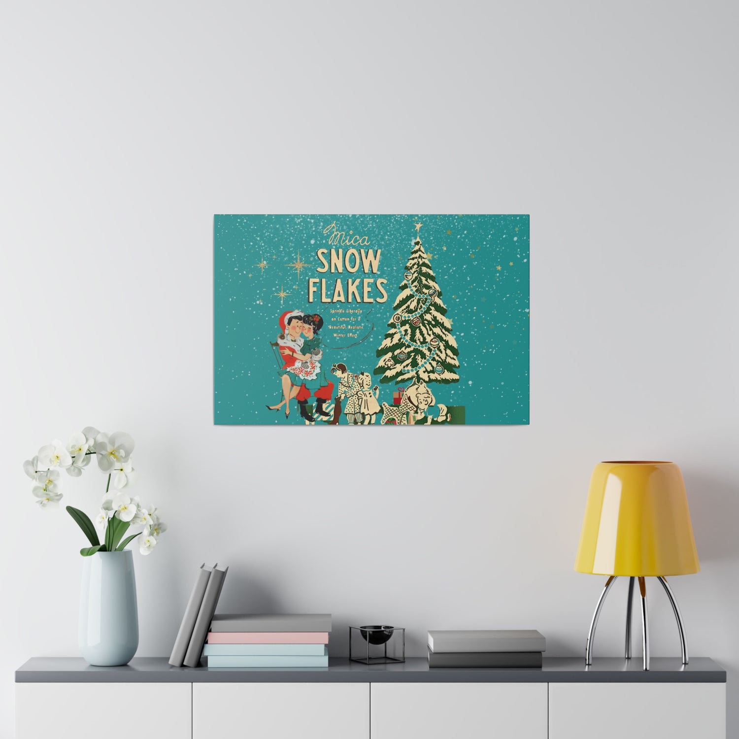 Mid Century Modern Kitschy Christmas Mantel Wall Art, Teal Blue, Mica Snow 50s Mod Couple Christmas Scene Canvas Art - Mid Century Modern Gal