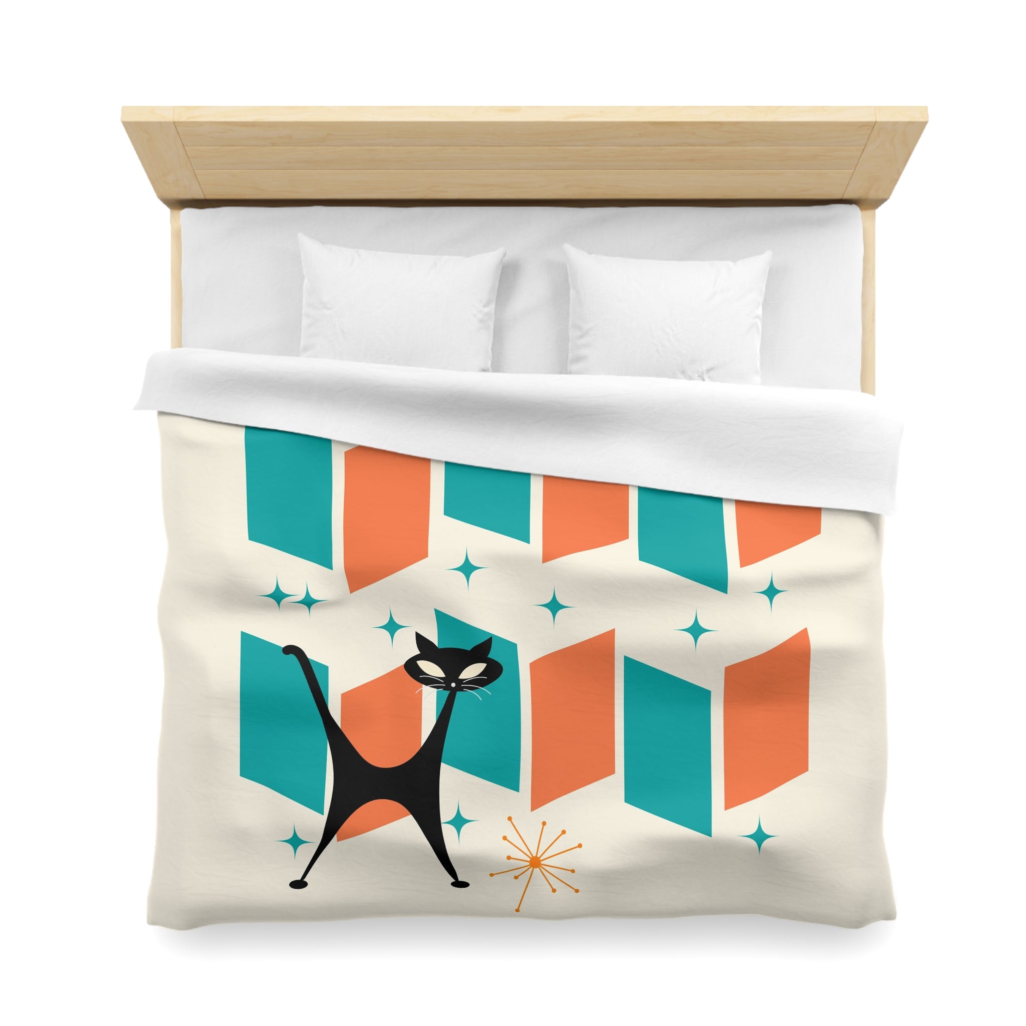 Mid Century Modern Orange, Teal, Retro Mod Duvet Cover With Atomic Cat Design - Mid Century Modern Gal