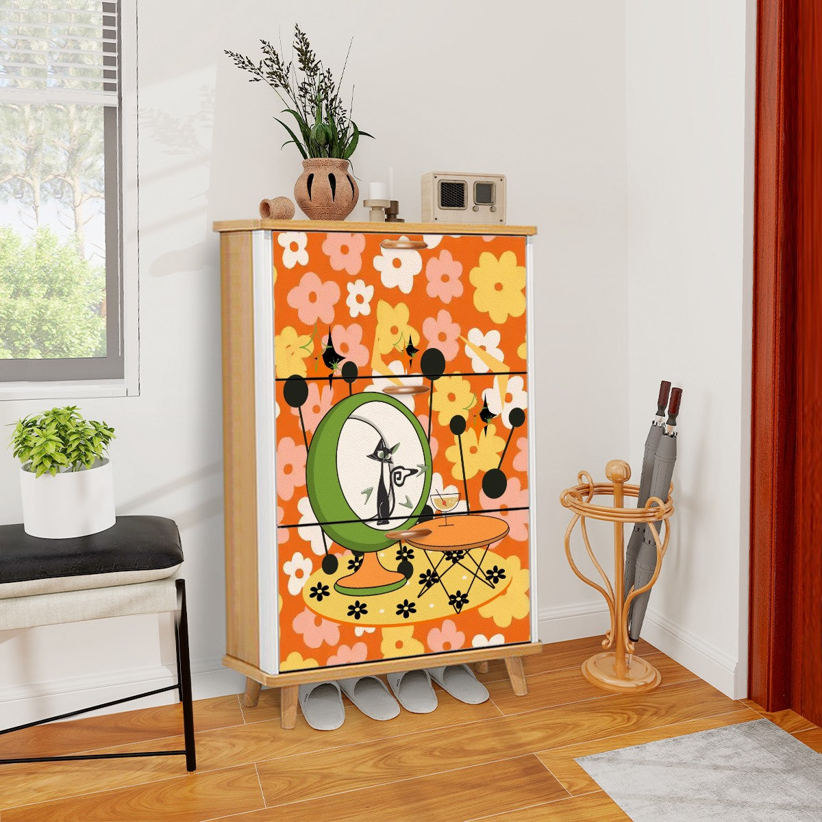Retro Groovy Cat, Flower Power 70s Vibe, Kitschy Mid Mod Shoe Cabinet - Mid Century Modern Gal
