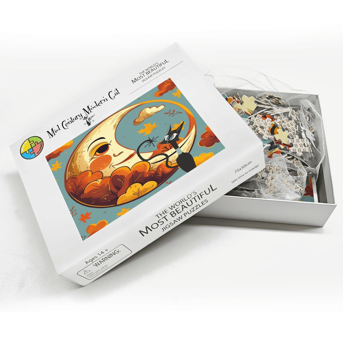 Atomic Celestial Moon, Kitschy Atomic Cat Harvest Halloween Wooden Jigsaw Puzzle - Mid Century Modern Gal
