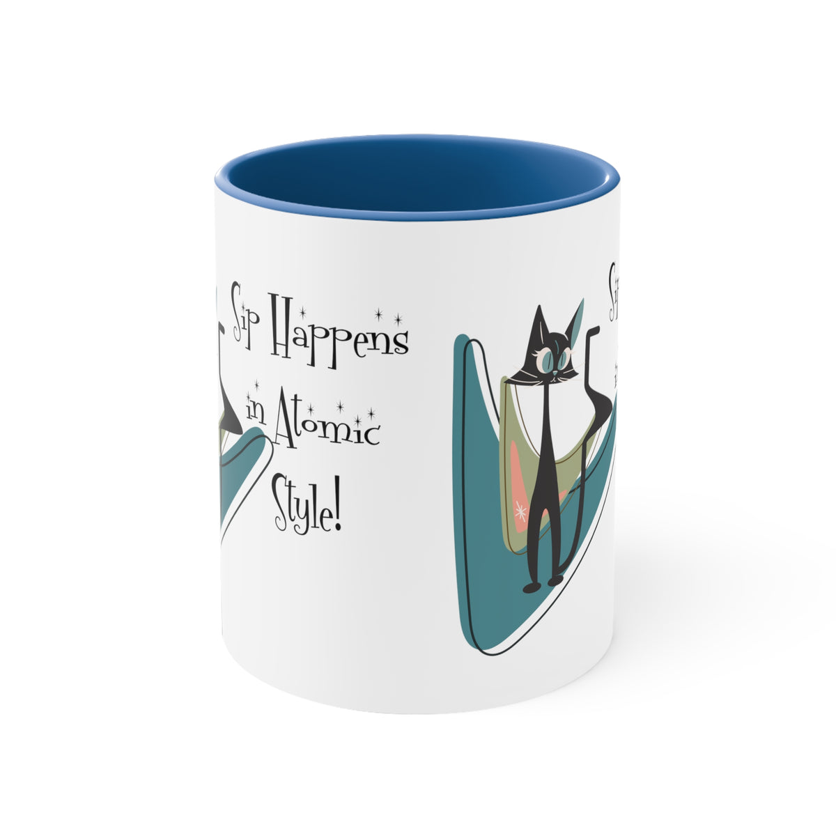 Atomic Cat, Mid Century Modern Drinkware, Coffee Mug, Sip Happens, Retro Boomerang, Kitschy Funny Coffee Lover Gifts - Mid Century Modern Gal