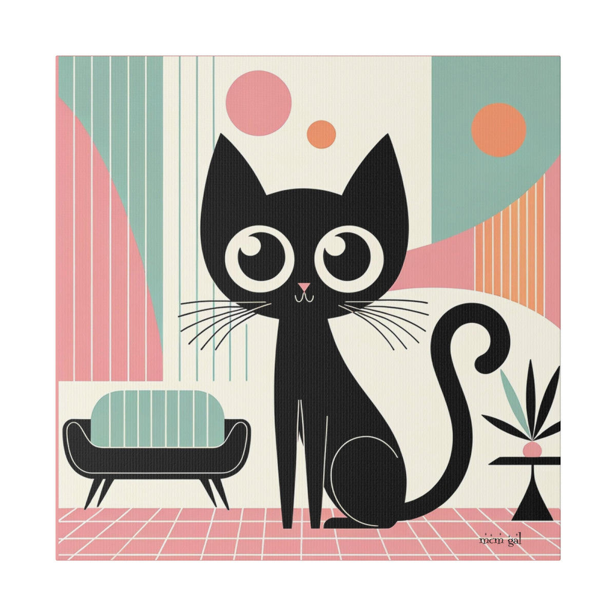 Mid Century Modern Atomic Kitty Cat, Pink, Kitschy Mod Matte Canvas - Mid Century Modern Gal