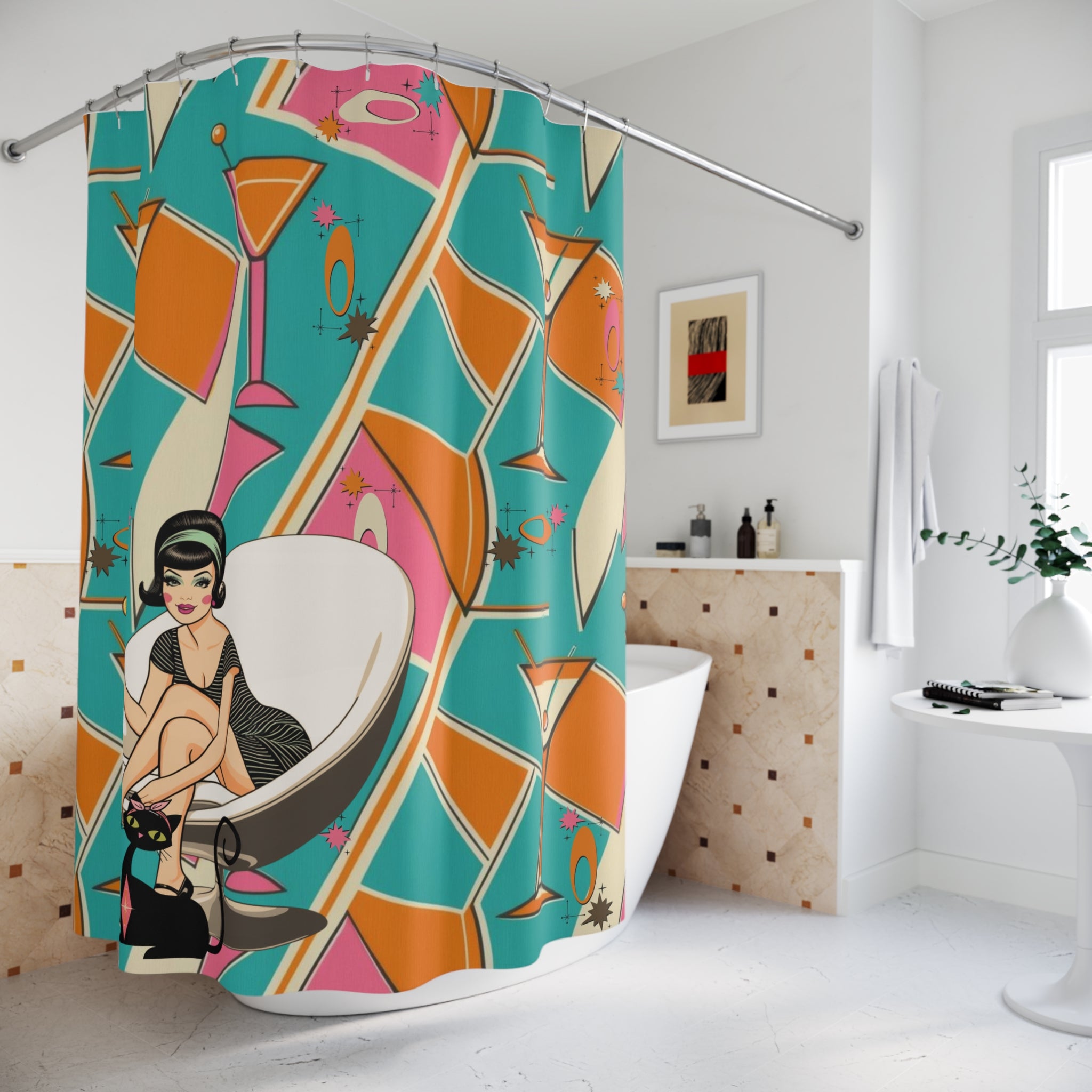 Mid Mod Gal Retro Martini Shower Curtain - Vintage Cocktail Vibes for Fun Bathrooms - Mid Century Modern Gal