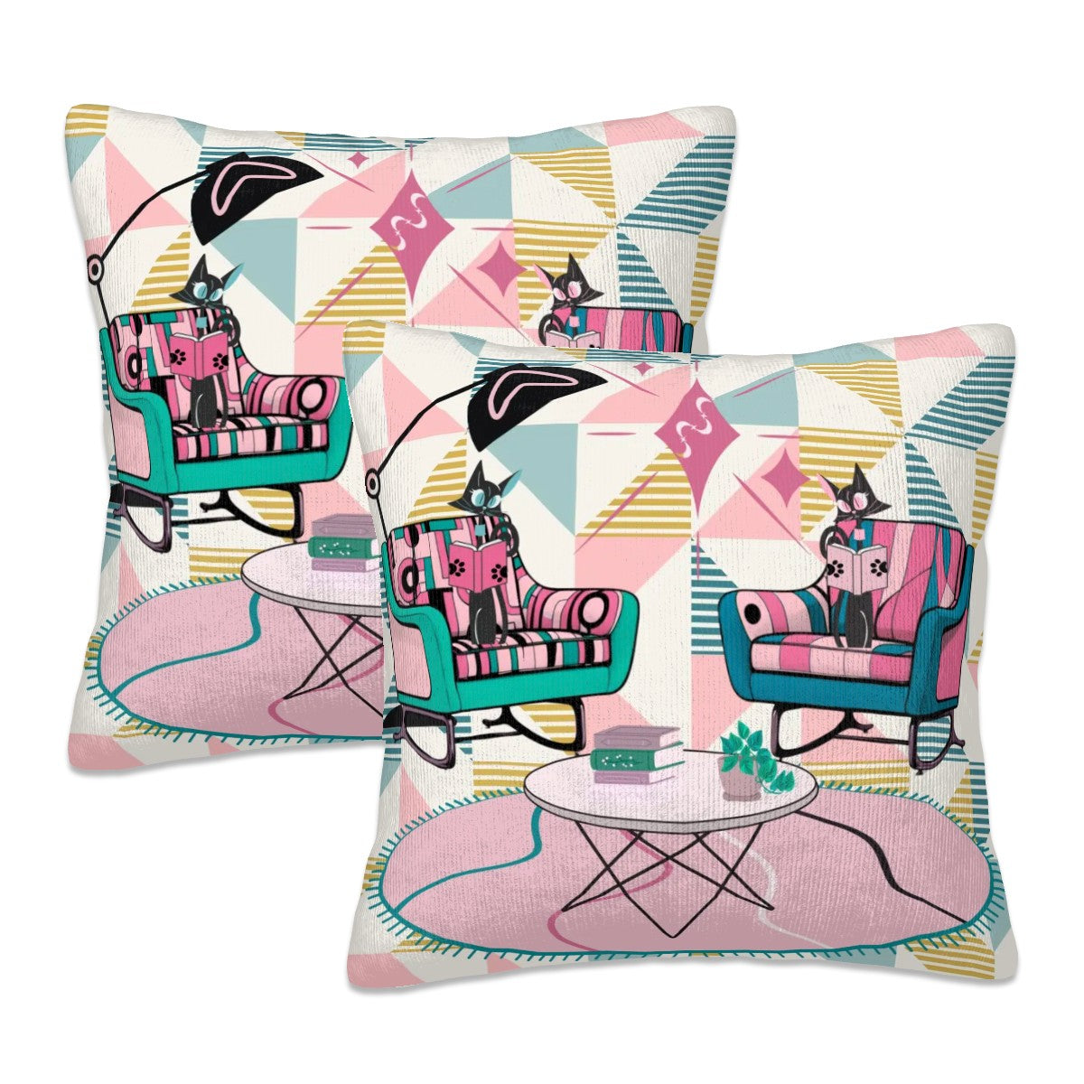 Cats Reading Pillow, Atomic Mid Mod Book Lover, Book Club Gift Ideas Pillow Covers - Mid Century Modern Gal
