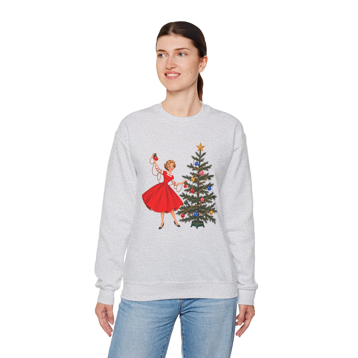 Mid Century Modern Gal Decorating Christmas Tree Unisex Heavy Blend™ Crewneck Sweatshirt - Mid Century Modern Gal