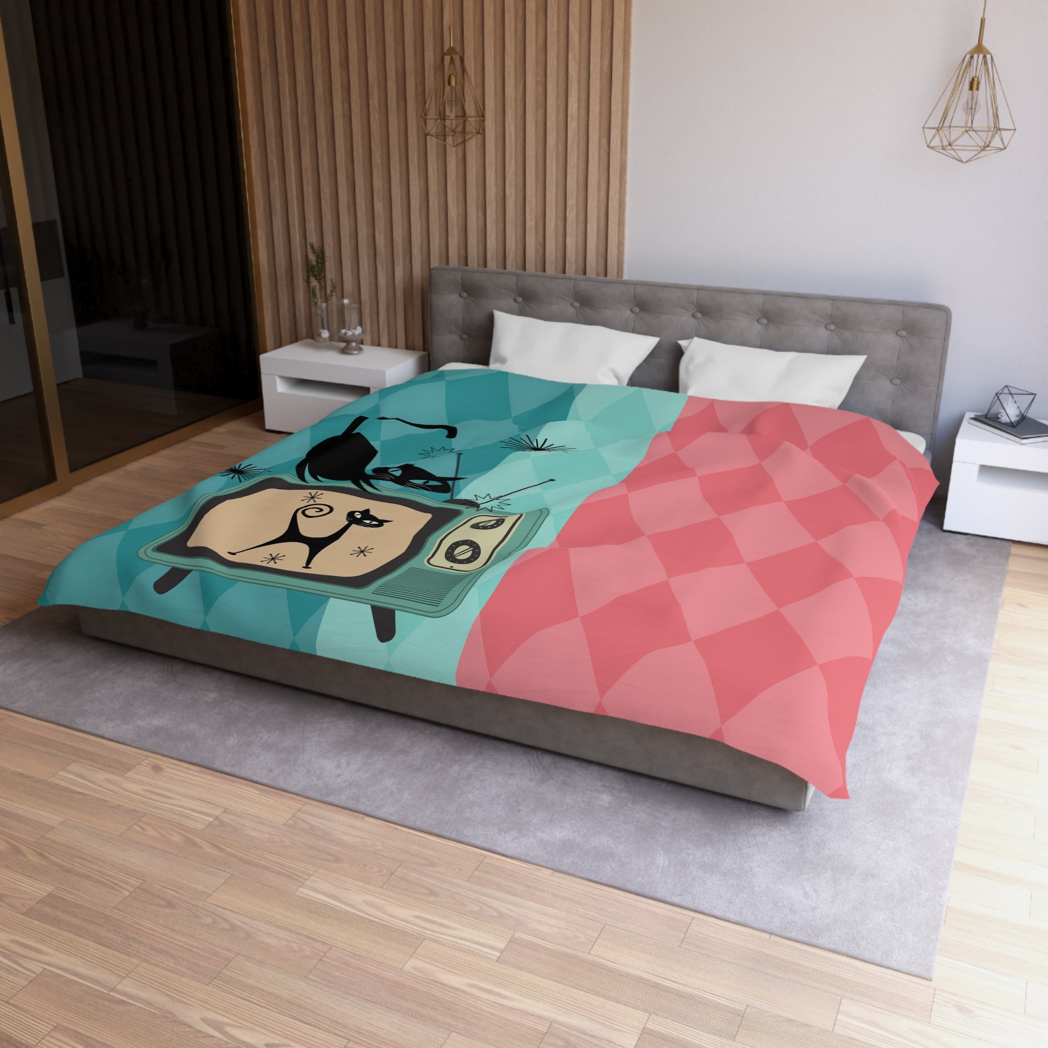 Atomic Kitties, Mid Mod Harlequin Diamond Pattern, Pink, Teal, Light Mint, Retro Mod Duvet Cover - Mid Century Modern Gal