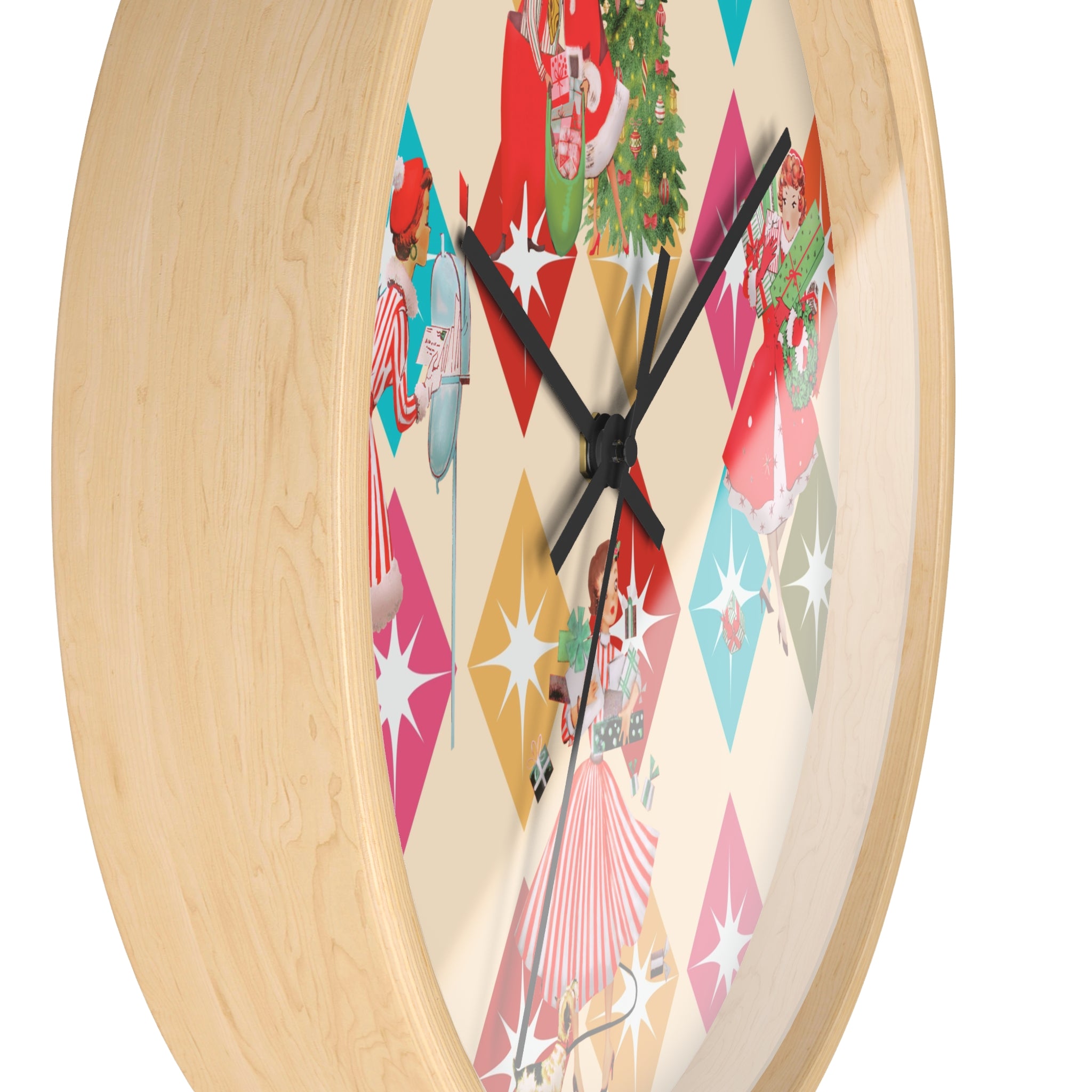 Holiday Retro Vintage Christmas Kitsch, Mid Century Modern Christmas Card Fun Kitschy 50s X-mas Wall Clock - Mid Century Modern Gal